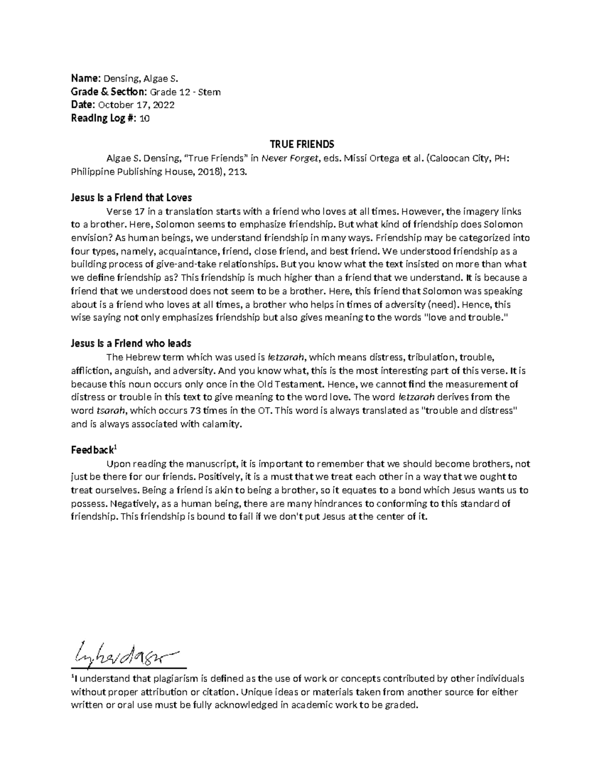 Grade 12 STEM Reading Log: True Friends Analysis 2024 - Studocu