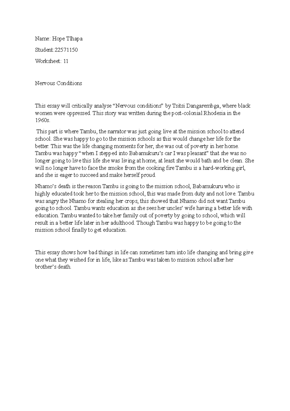 Worksheet 11 - Name: Hope Tlhapa Student: Worksheet: 11 Nervous ...