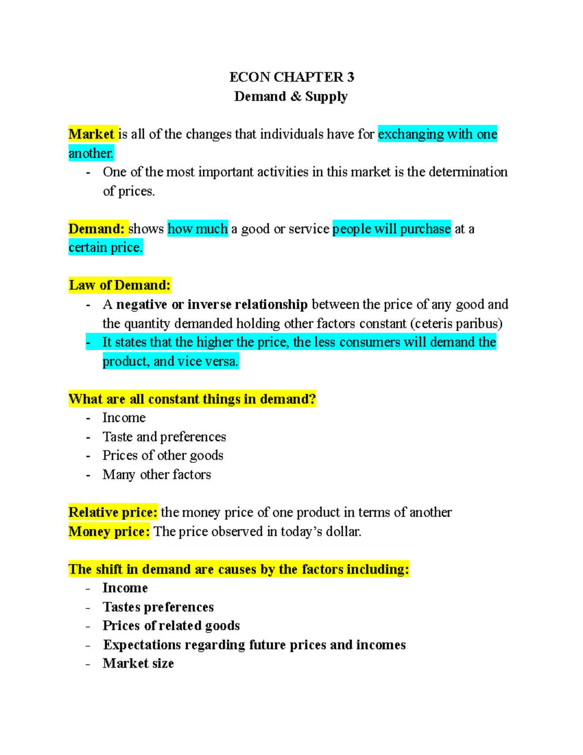 Econ Ch. 3 & 4 - Study guide - ECON CHAPTER 3 Demand & Supply Market is ...