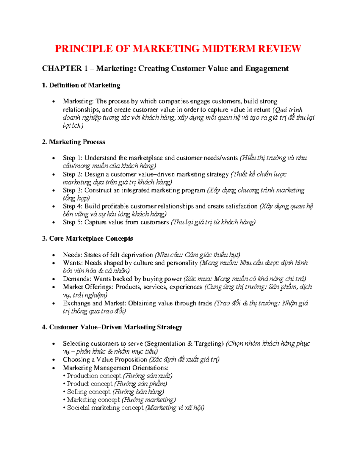 Principle of Marketing MKT 101 Midterm Review: Key Concepts ...