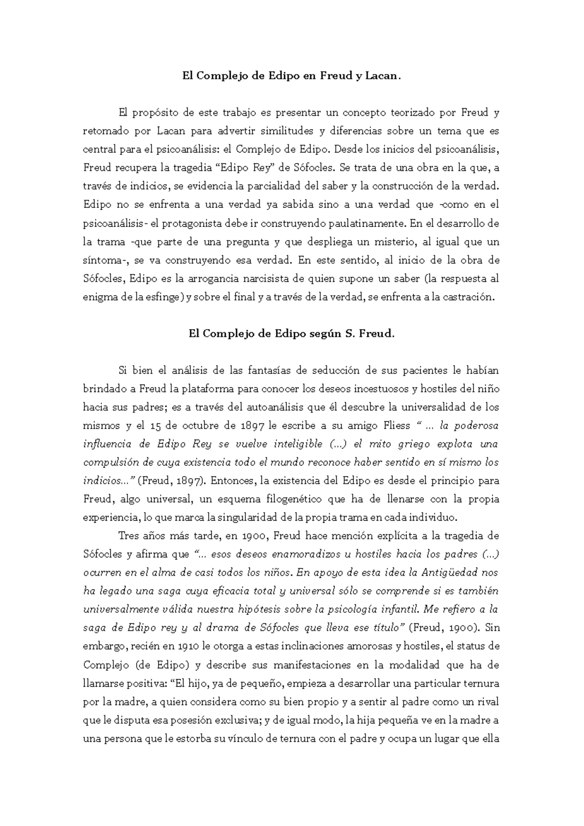 Los tres tiempos del Complejo de Edipo según Freud y Lacan - Studocu