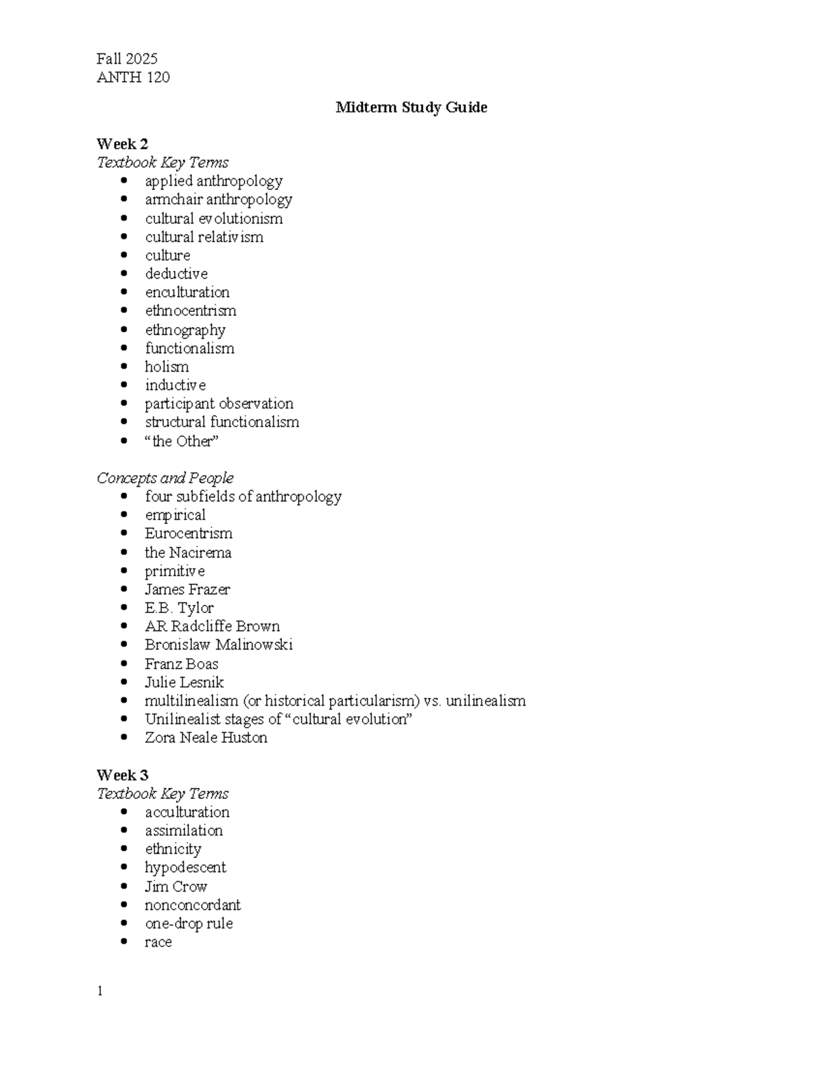 Fall 2025 ANTH 120 Midterm Study Guide: Key Terms & Concepts - Studocu