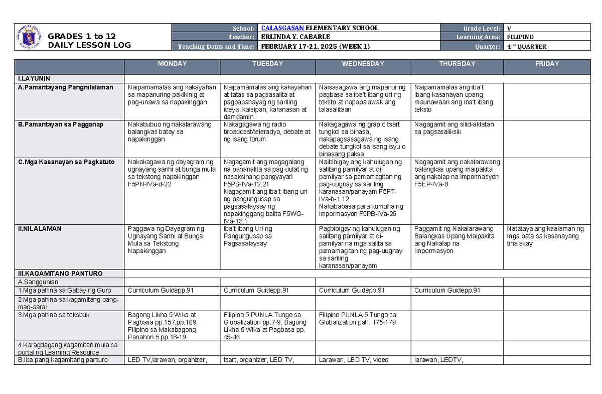 DLL Filipino 5 Q4 W1 - Detailed Daily Lesson Log for Grade V - Studocu