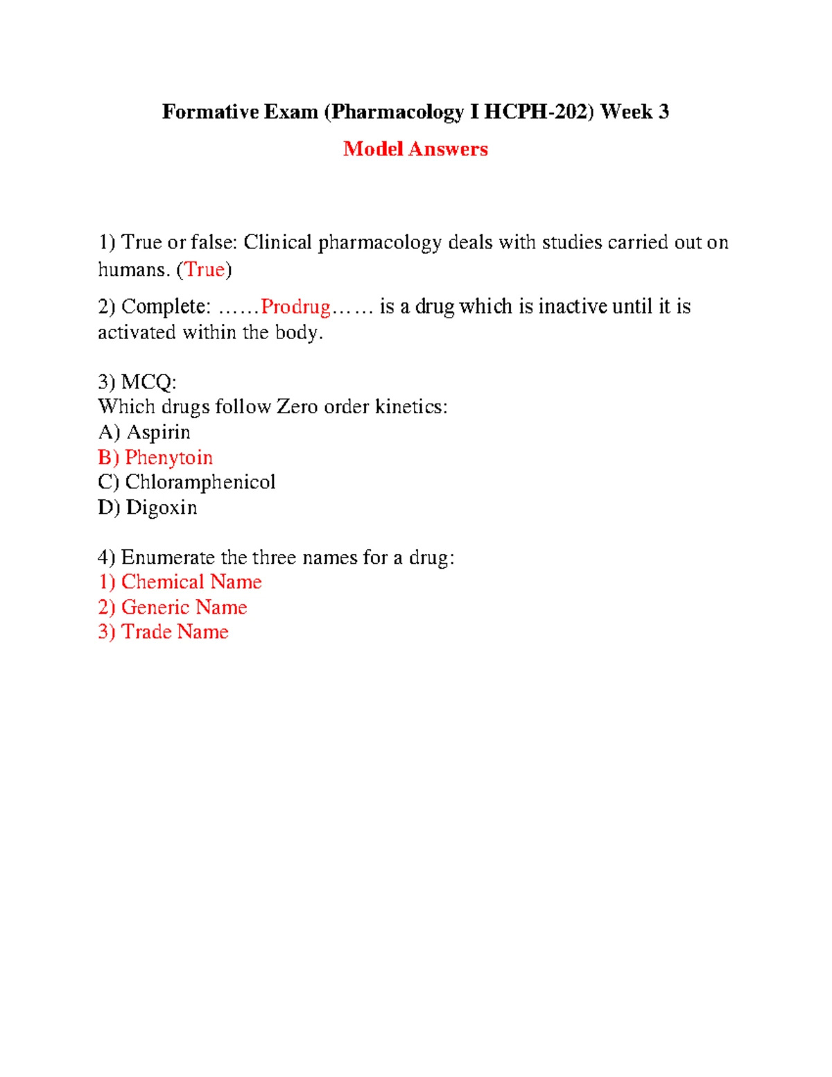 Formative Exam (Pharmacology I HCPH-202) Week 3 - ( ) Complete ...