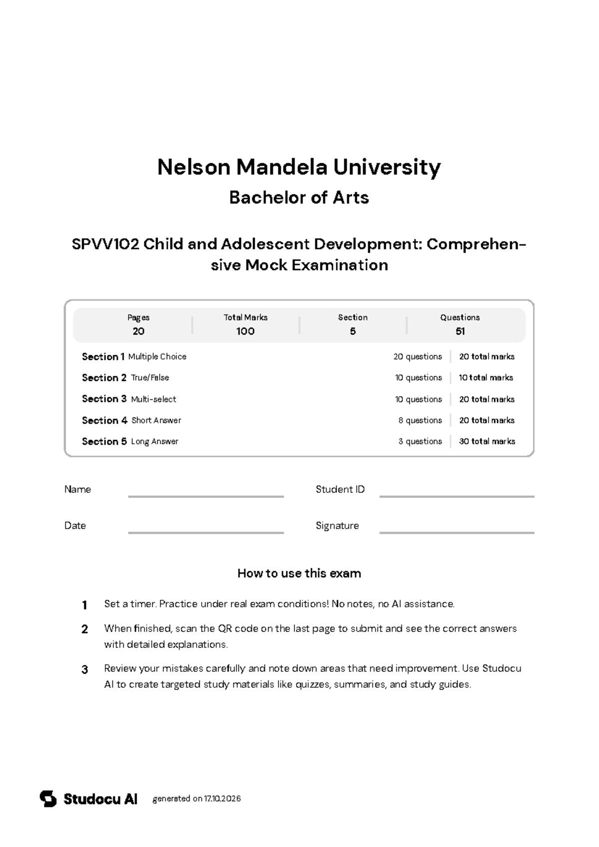 SPVV102 Child and Adolescent Development: Mock Exam - Studocu
