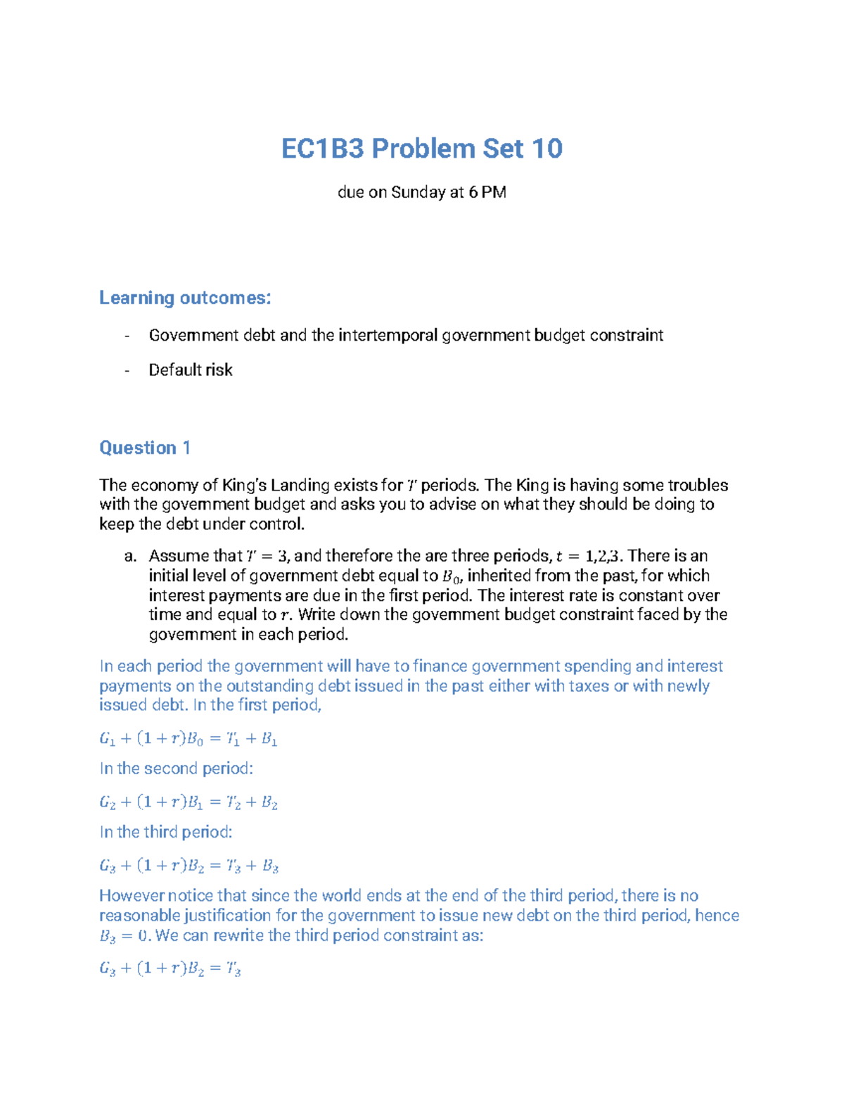 Problem Set 10 Solutions - EC1B3 Problem Set 10 due on Sunday at 6 PM ...