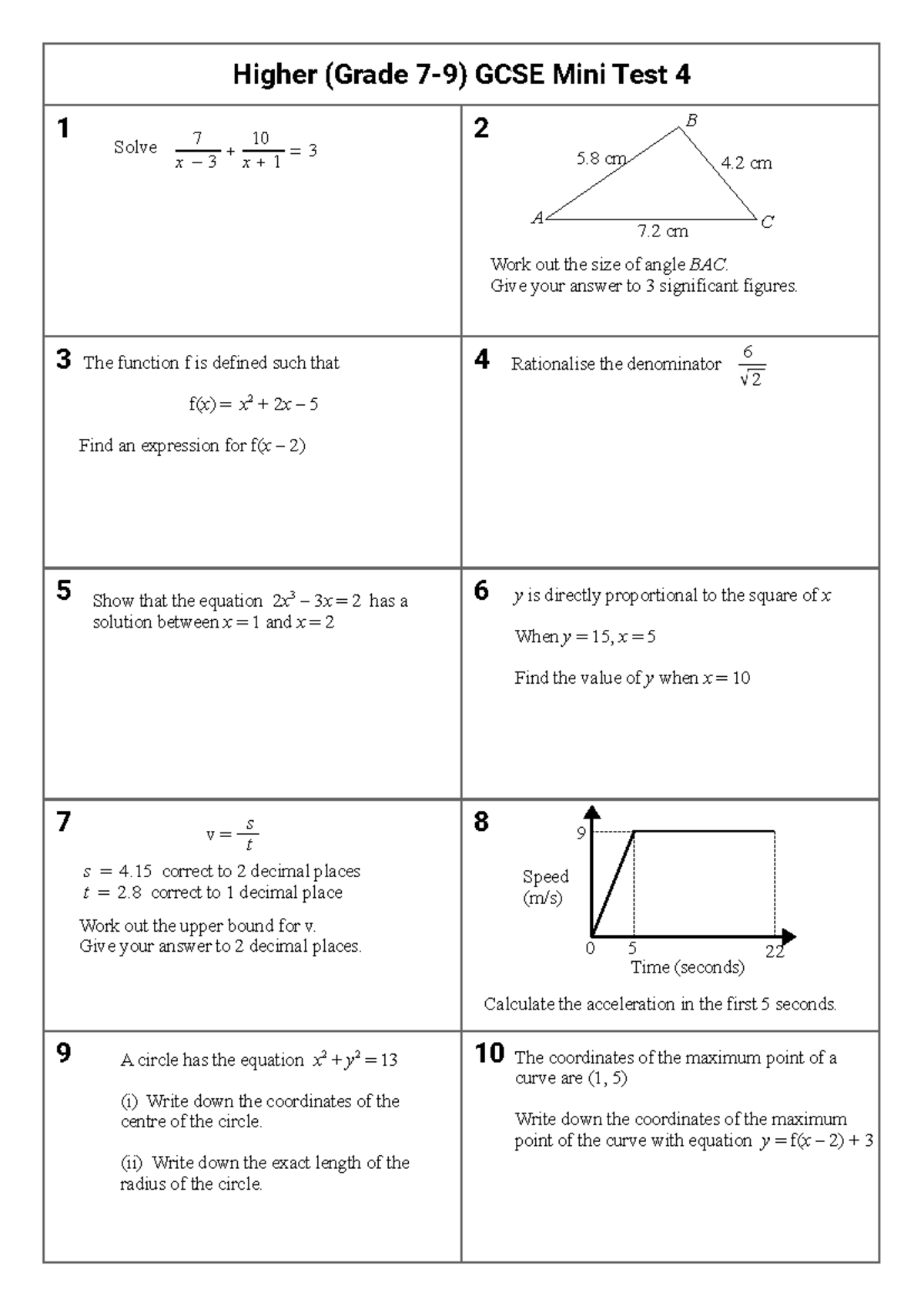 H7 GCSE Mini Test 4: Geometry, Functions, and Calculus Problems - Studocu