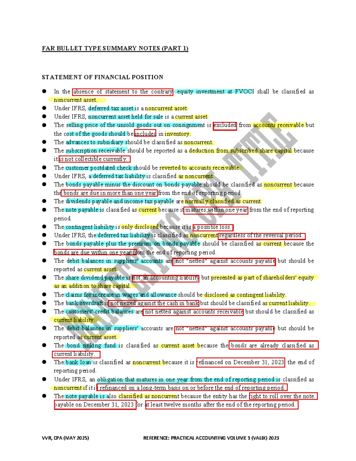 FAR Bullet Notes Part 1: Statement of Financial Position Summary - Studocu