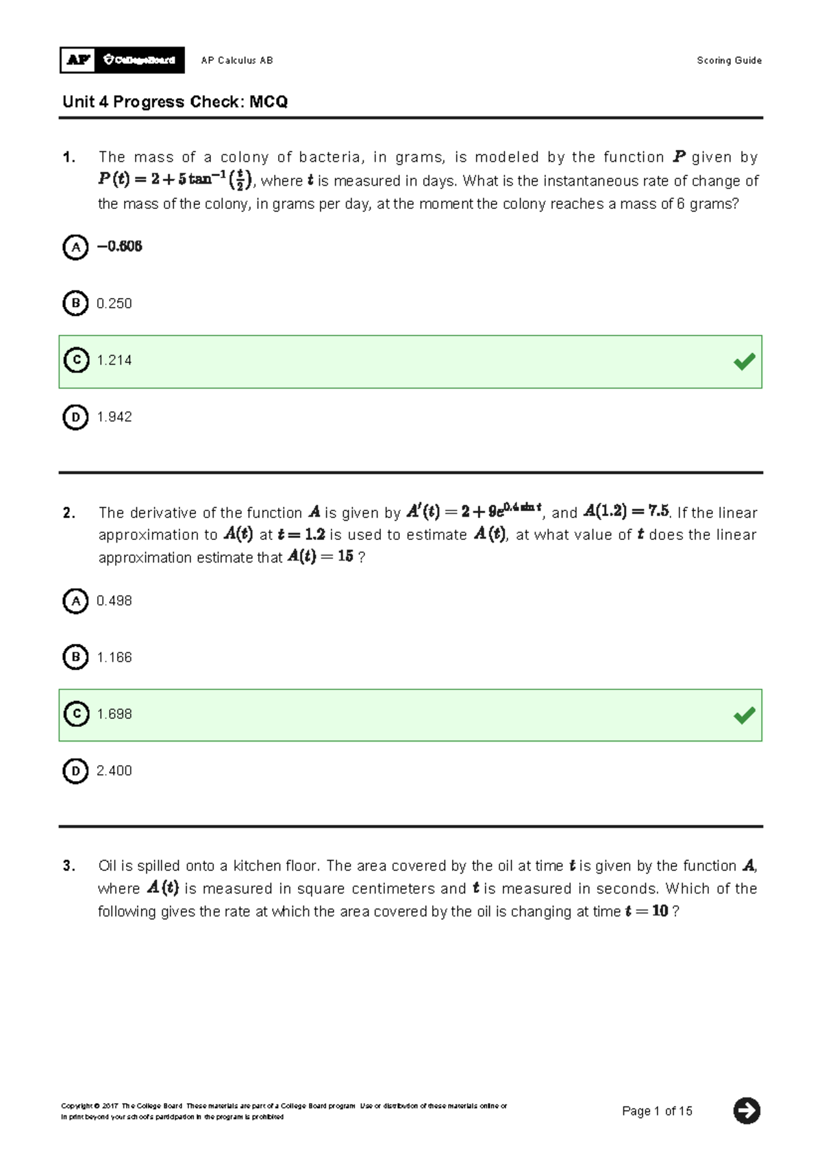 AP Calculus AB Unit 4 Progress Check: MCQ Scoring Guide - Studocu
