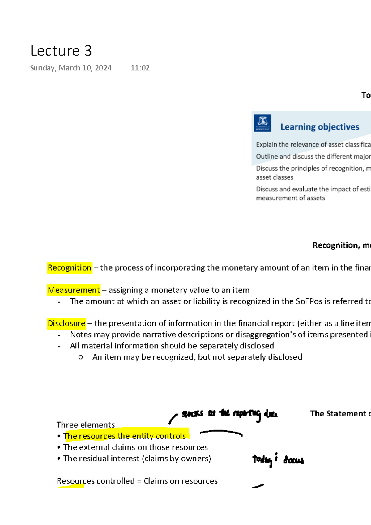 ARA 101 Lecture 3 Notes: Recognition, Measurement & Disclosure - Studocu