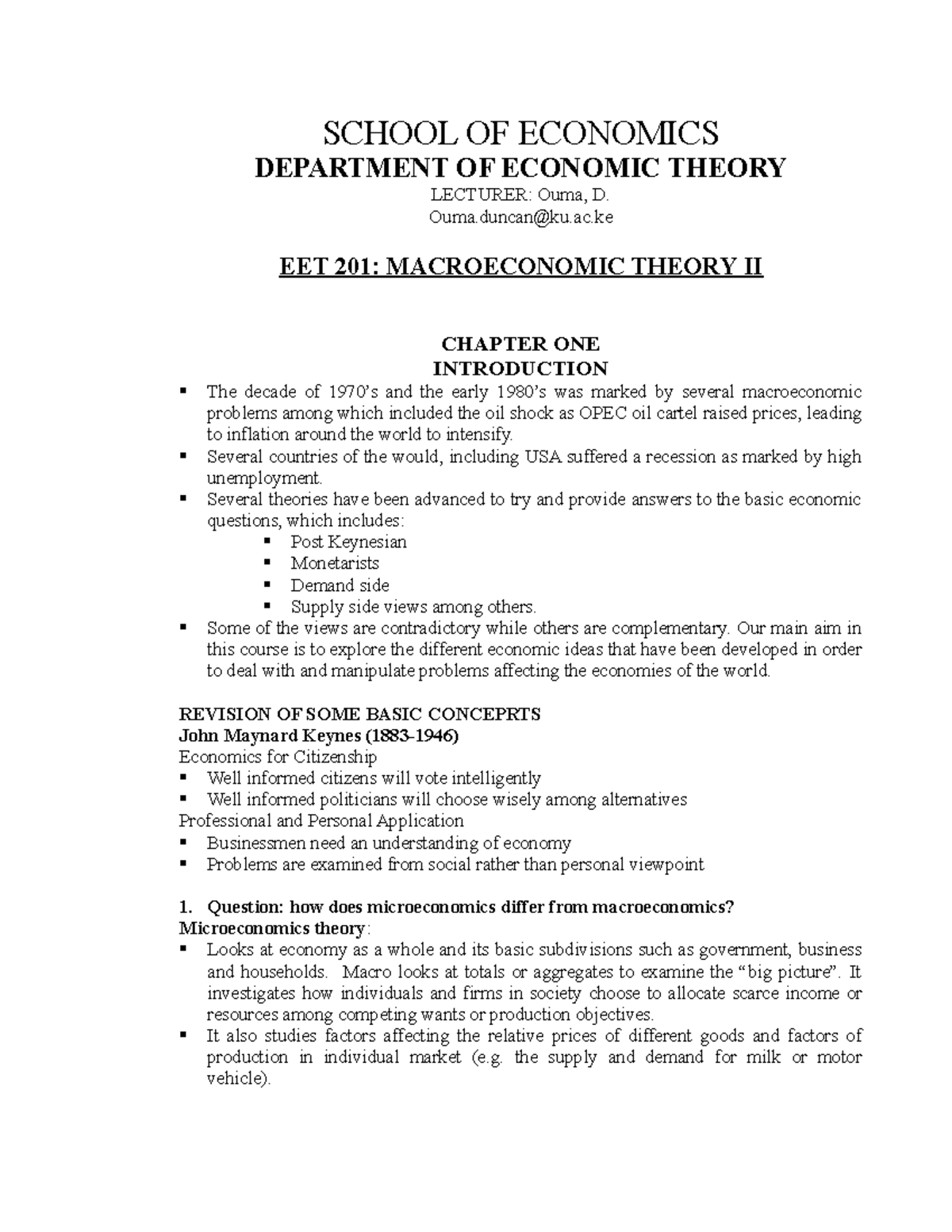 EET 201: Lecture Notes on Macroeconomic Theory II Concepts - Studocu
