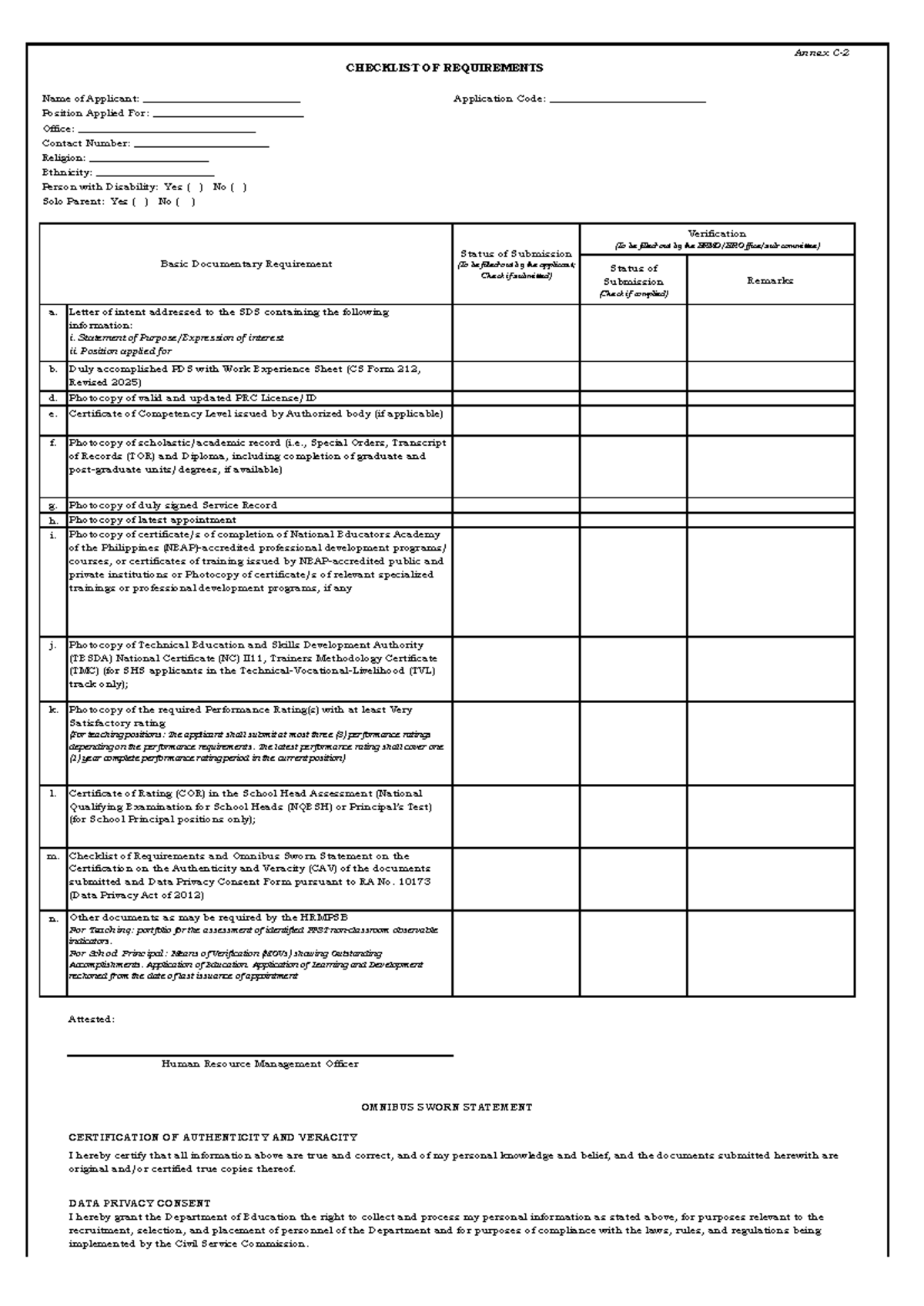 Annex C-2: Checklist of Requirements & Omnibus Sworn Statement - Document Preview