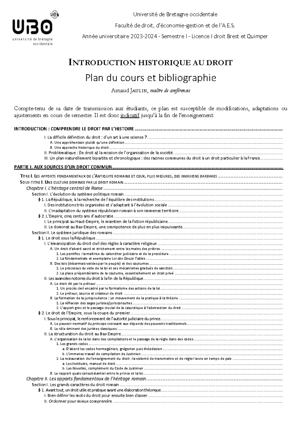 UBO 2023-2024 - Intro historique au droit - Plan du cours et biblio ...