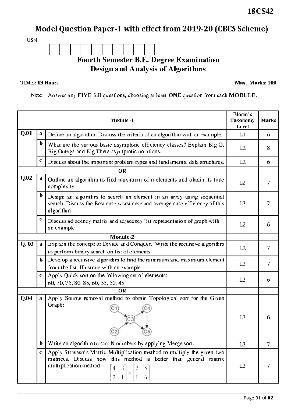 Model Question Paper 1 for 18CS: Design & Analysis of Algorithms - Studocu