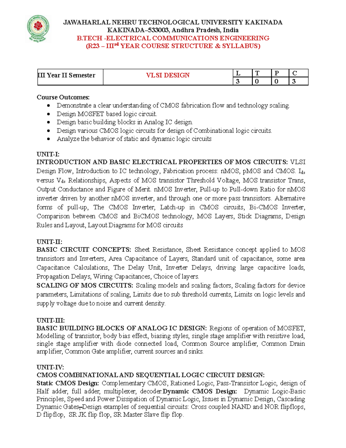VLSI Design Syllabus - B.Tech Communications Engineering (R23) - Studocu