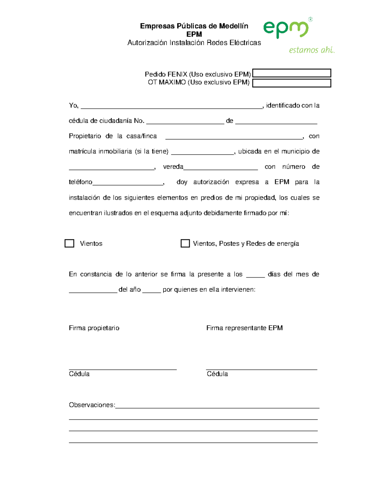 Formato de Autorización para Instalación de Redes Eléctricas EPM - Document Preview