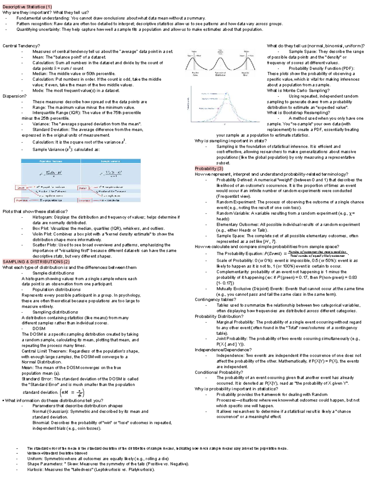 Psych 2811 Midterm Cheat Sheet: Descriptive Stats & Probability - Studocu