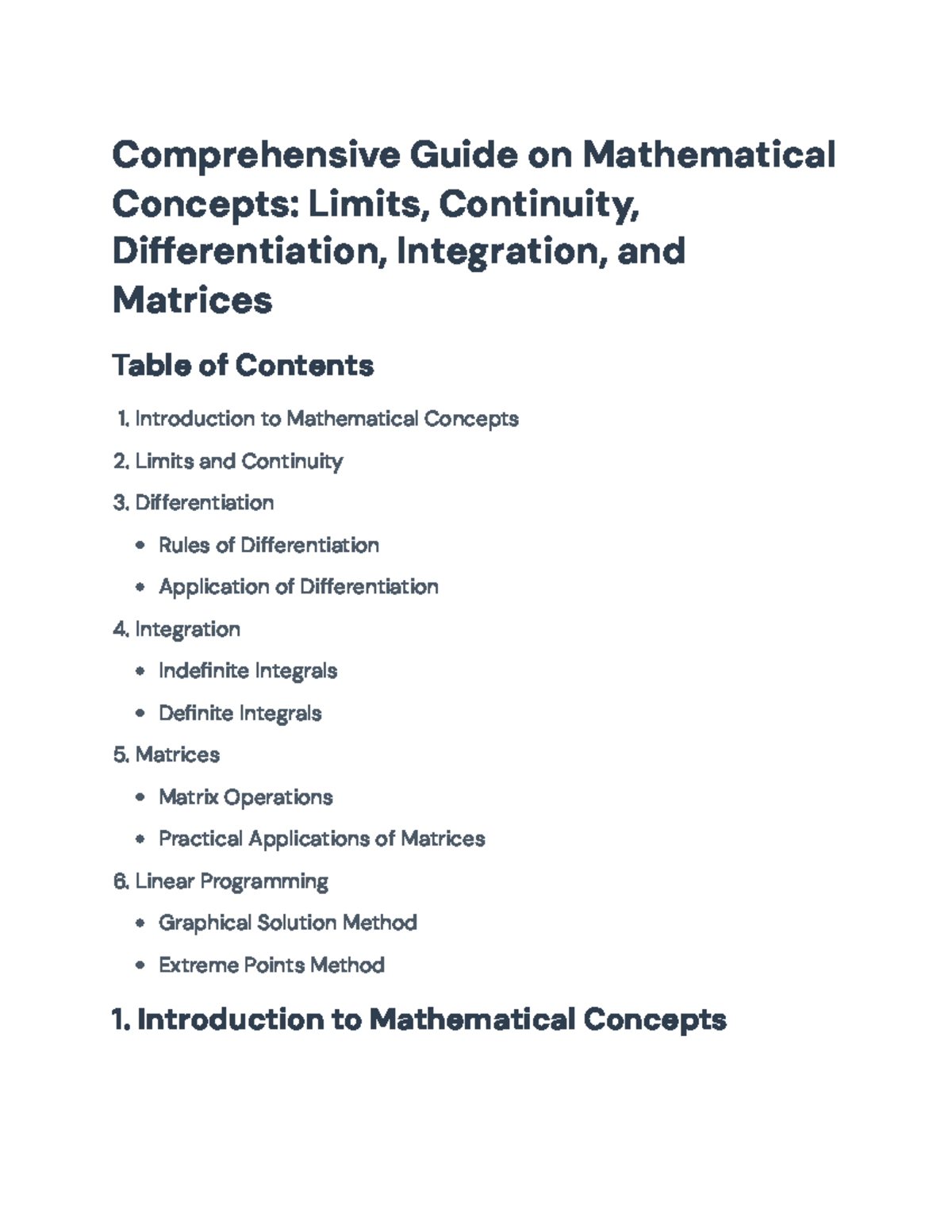 Mathematical Concepts: Limits, Differentiation, Integration, and ...