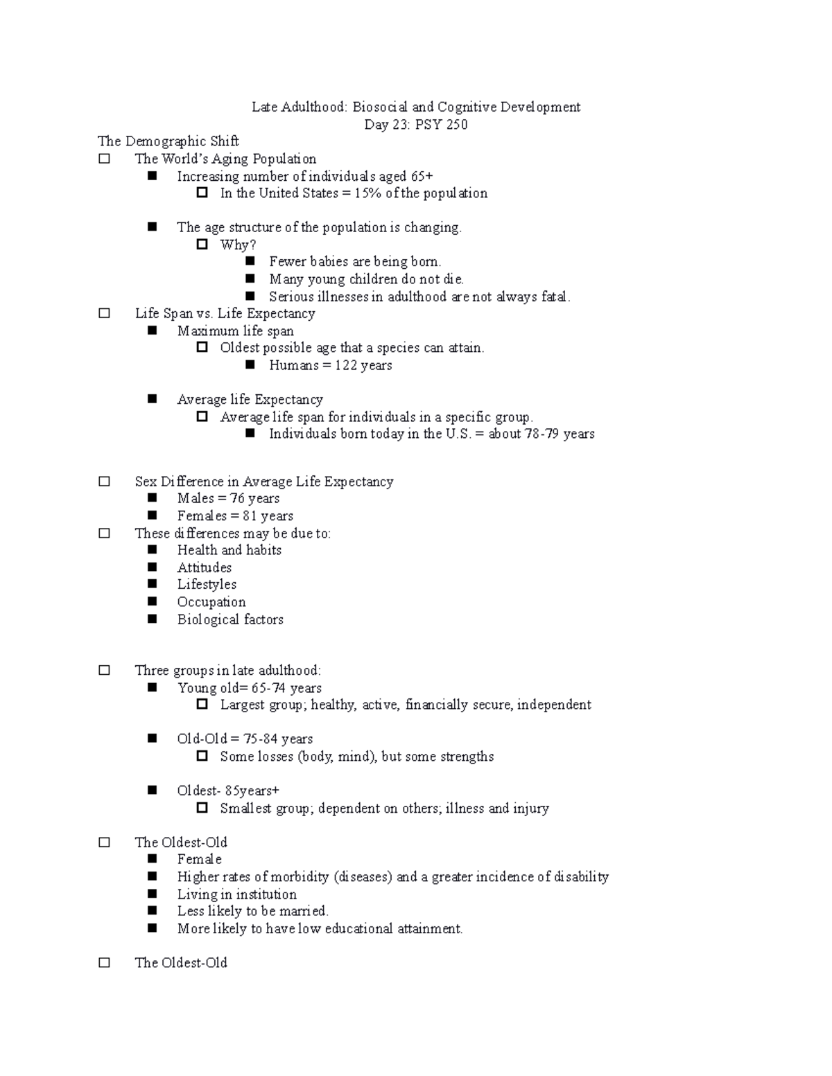 PSY 250 Day 23: Biosocial & Cognitive Development in Late Adulthood ...