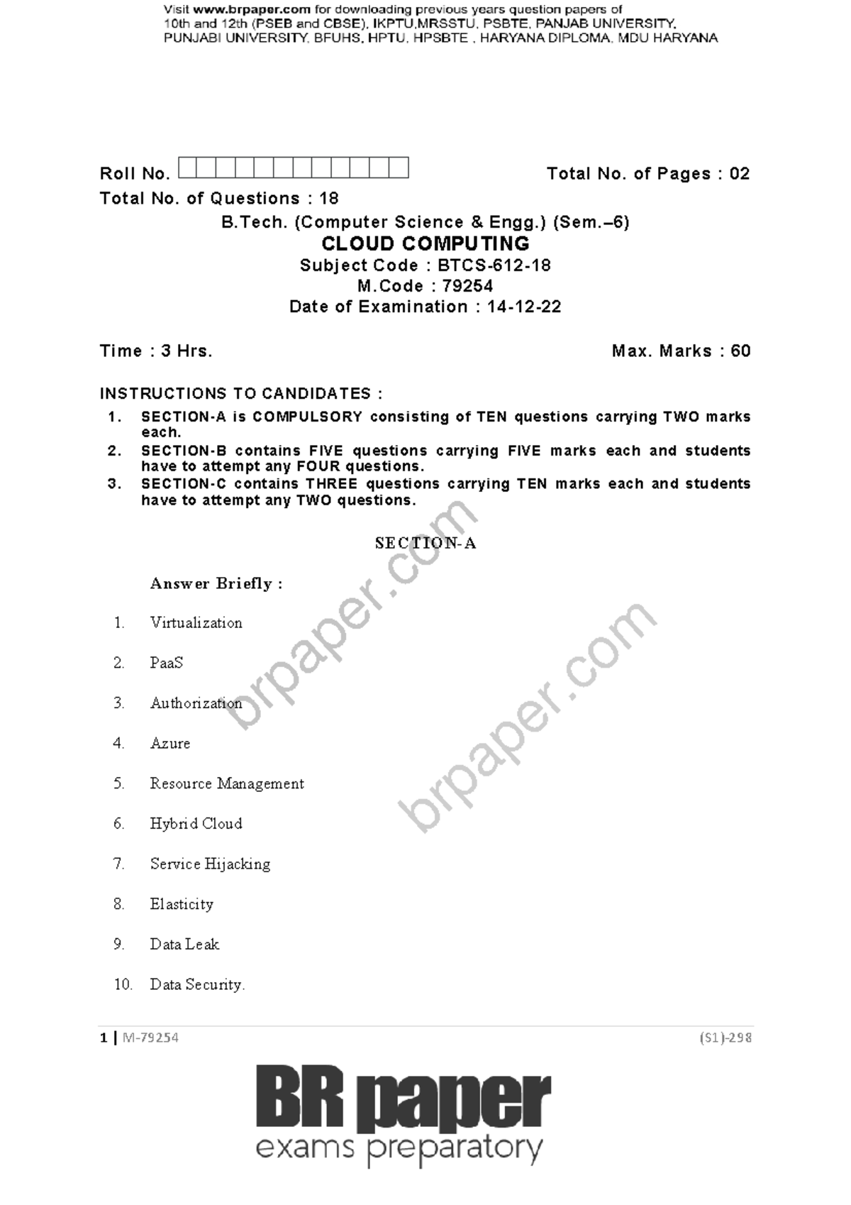 CC(6th)Dec2022 - Cloud computing pyq - 1 | M-79254 (S1)- Roll No. Total ...