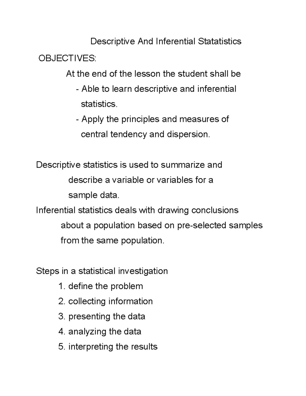 Descriptive & Inferential Statistics Lesson 2: Key Concepts ...