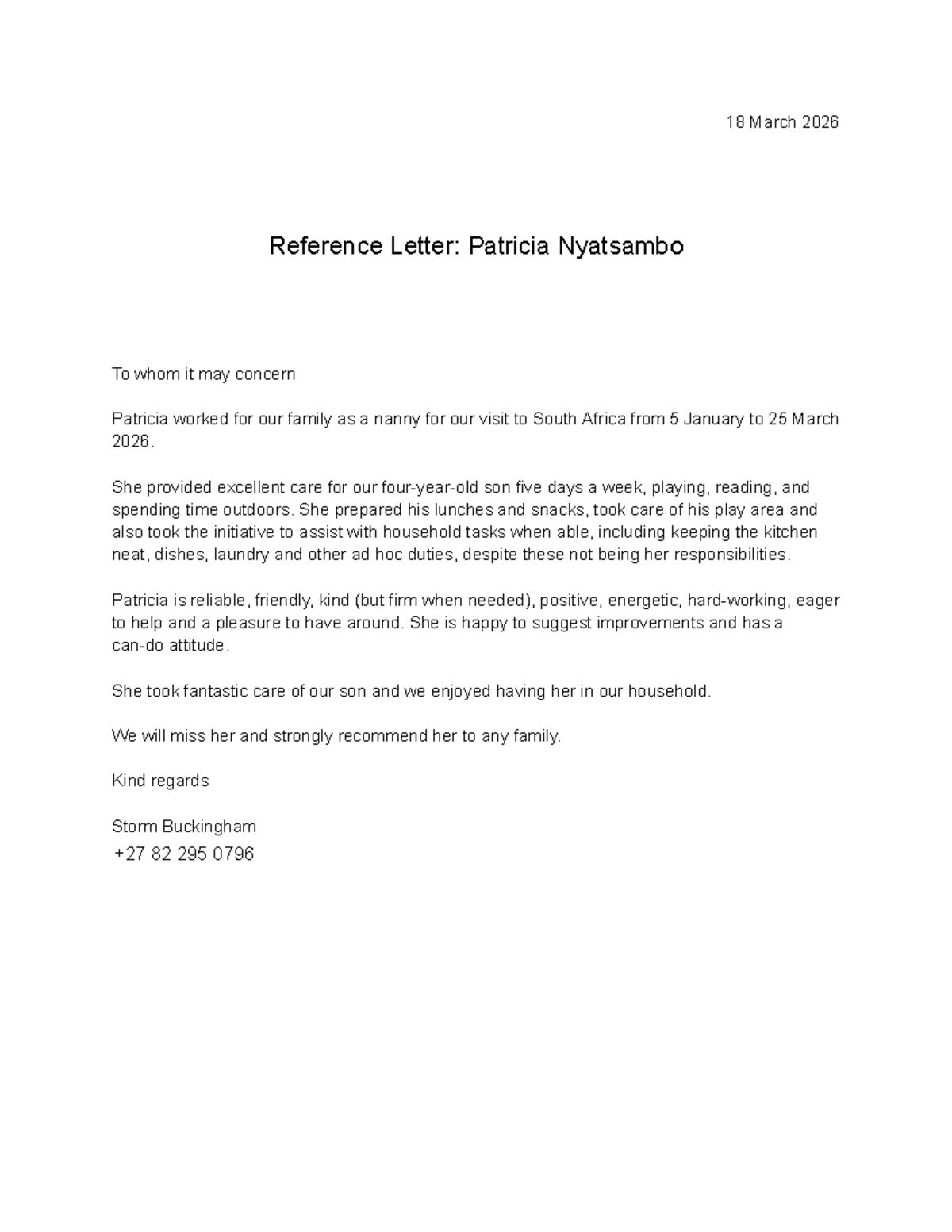 Reference Letter for Nanny Position: Patricia Nyatsambo - Studocu
