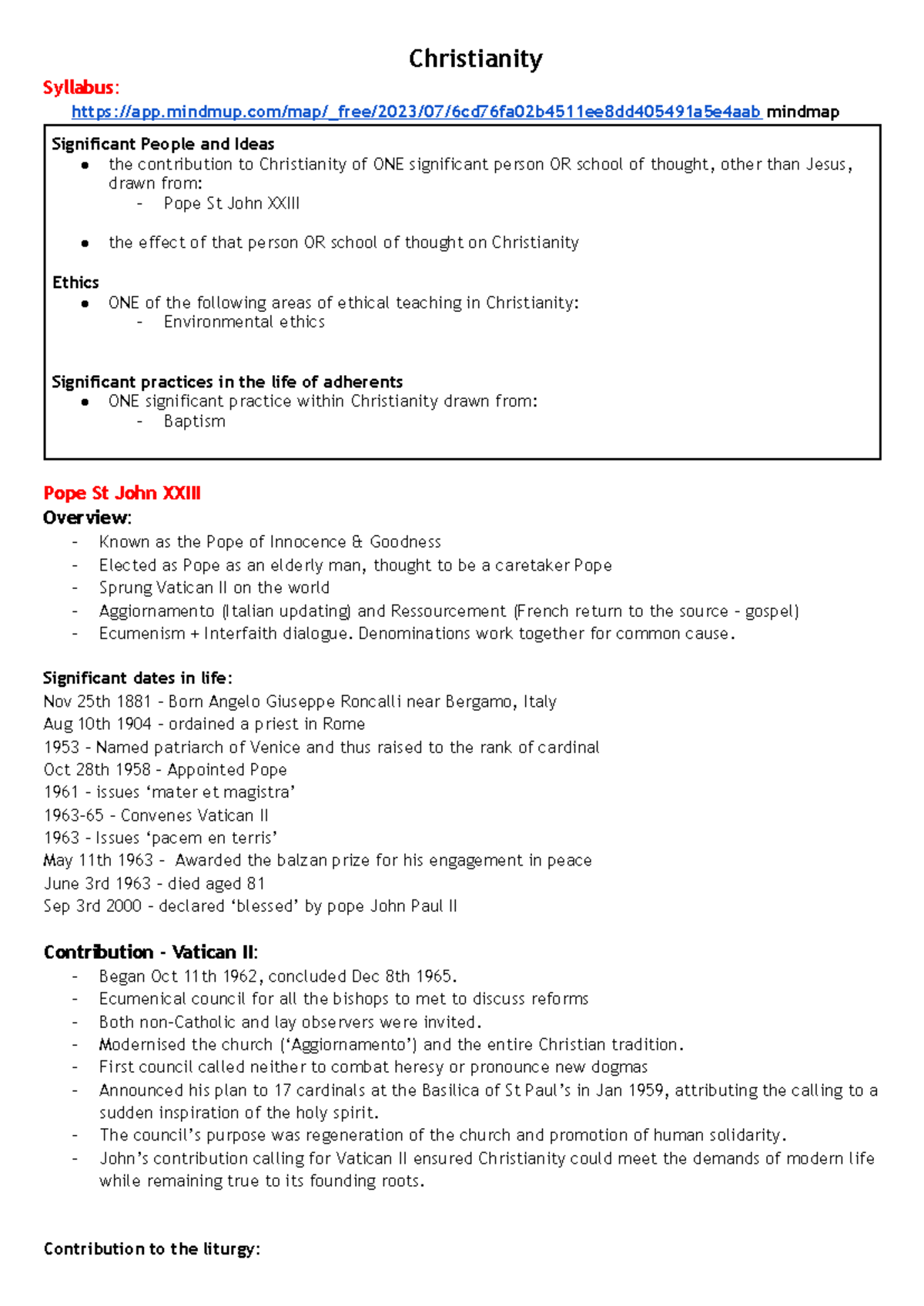 Christianity Study Notes: Contributions of Pope St John XXIII and ...