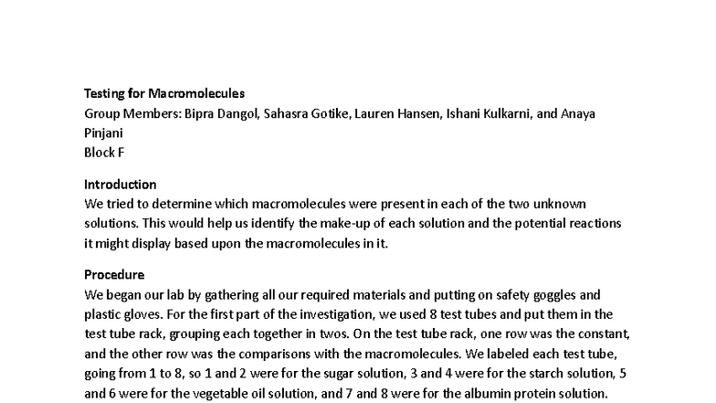 Biochemistry Lab: Testing for Macromolecules - F - Studocu