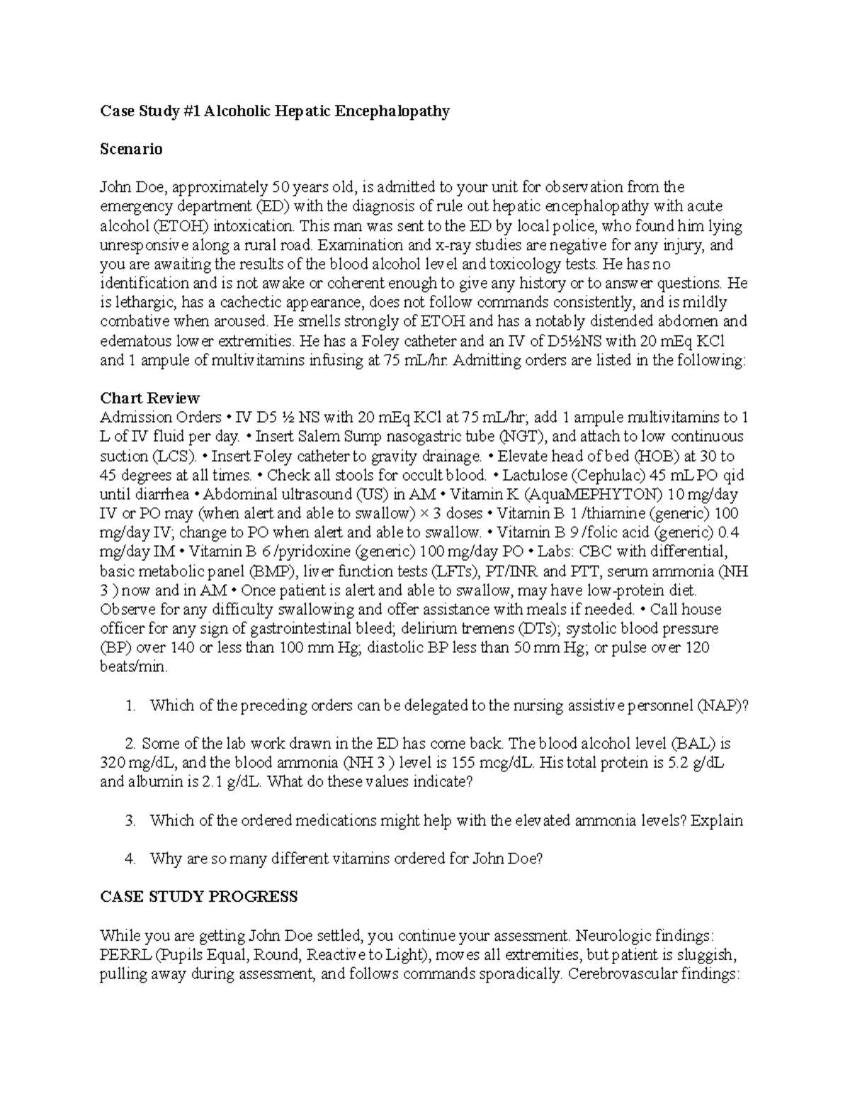 Case Study 10.25 10 - Alcoholic Hepatic Encephalopathy Analysis and ...