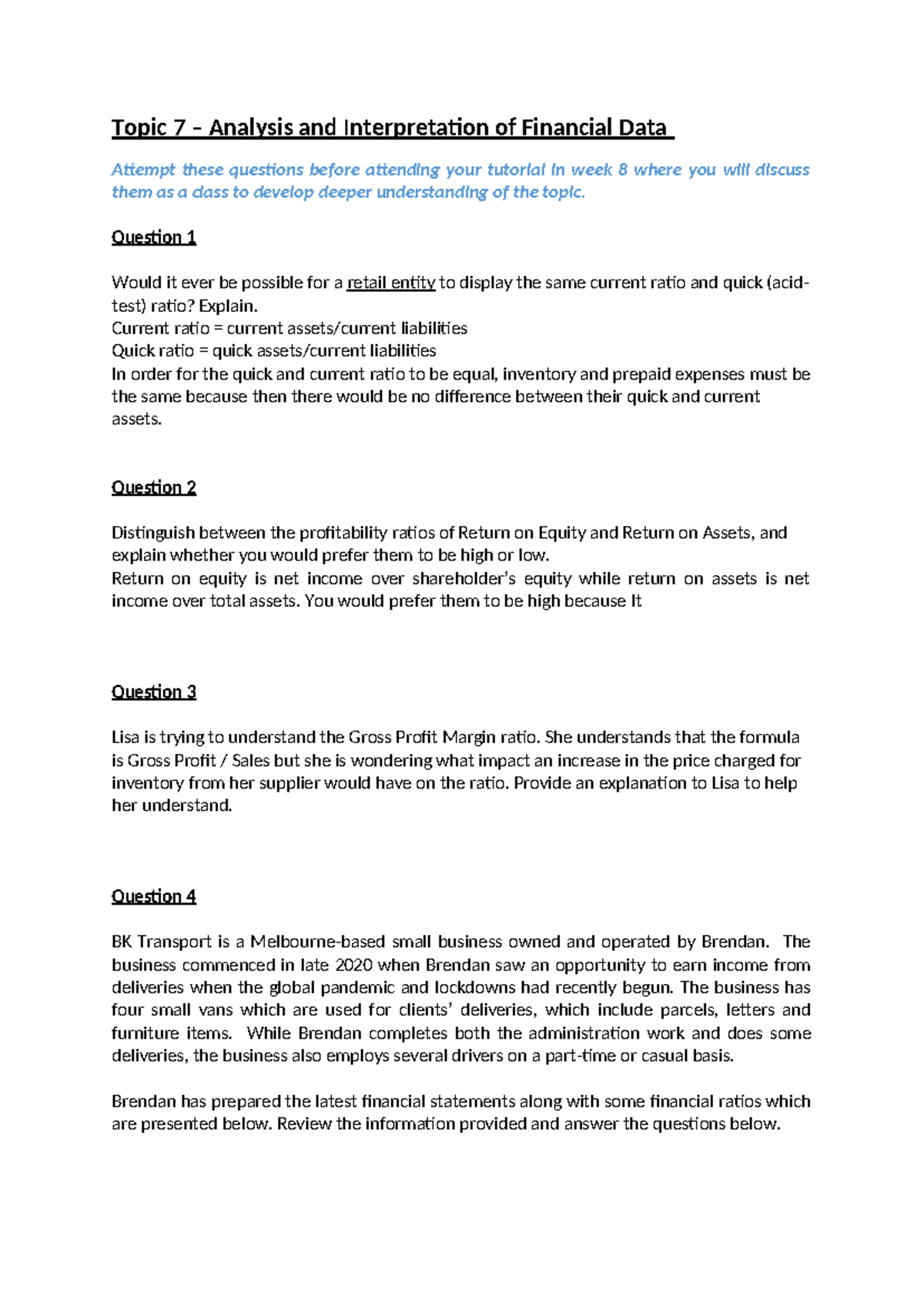 Topic 7 Tutorial Questions: Analysis of Financial Ratios and Data - Studocu
