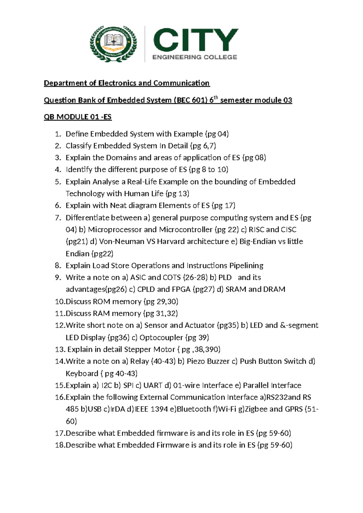 BEC 601 6th Sem Module 03 - Embedded System Question Bank - Studocu