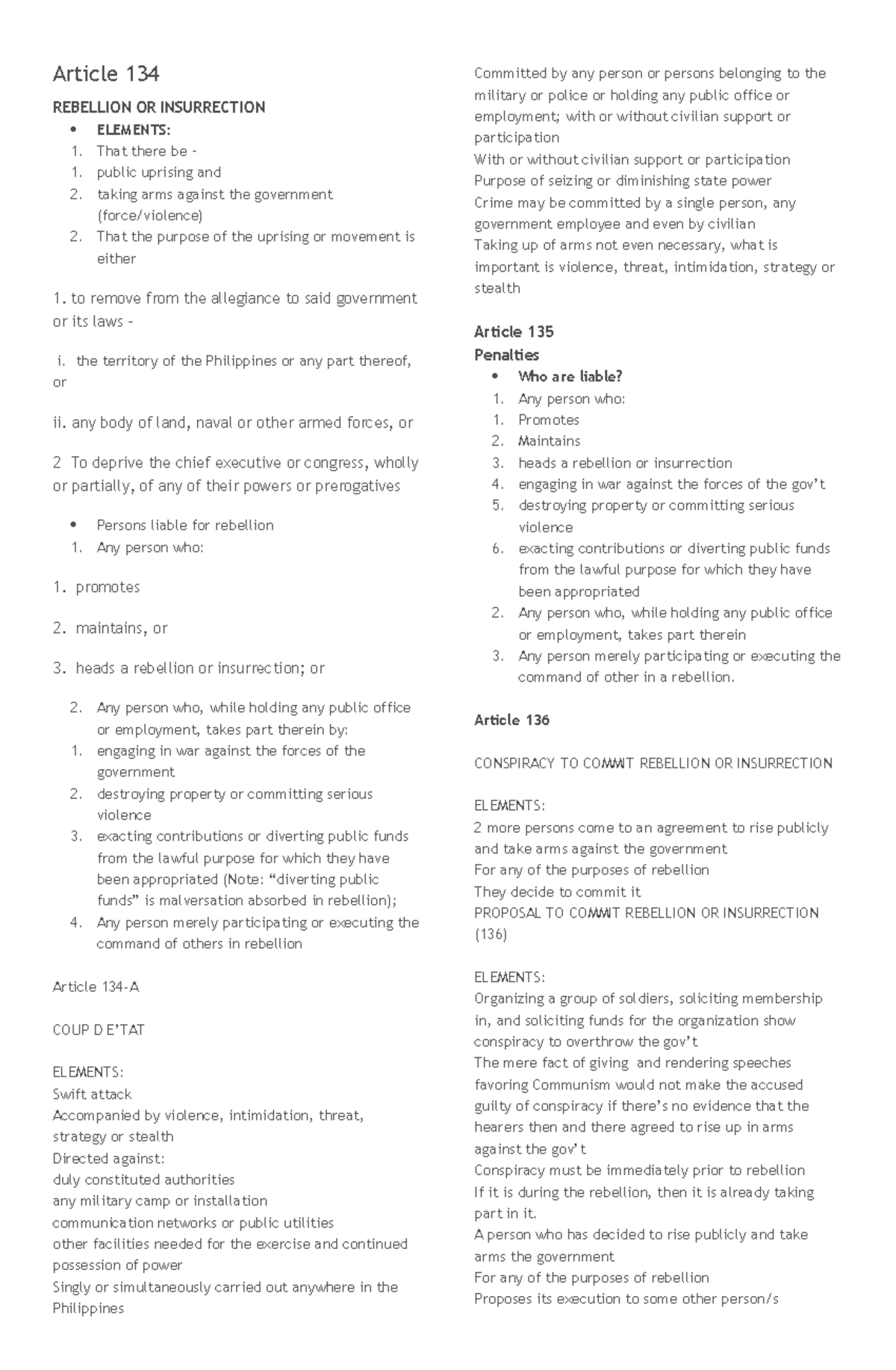 RPC Book 2: Articles 134-159 on Rebellion & Related Crimes - Studocu