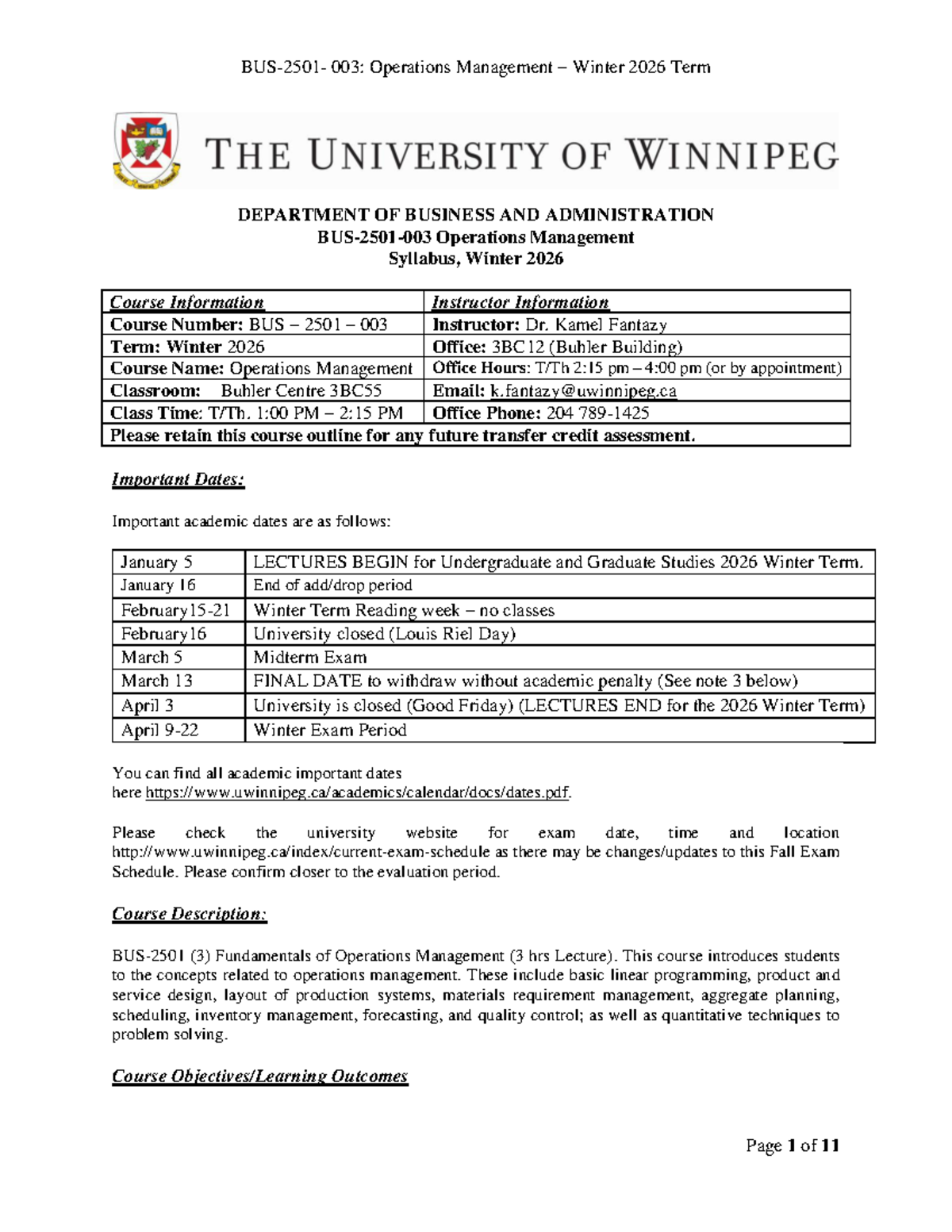 BUS 2501 003: Operations Management Syllabus - Winter 2026 - Studocu