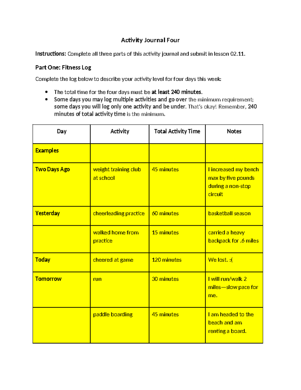 Activity Journal 04 - Complete Fitness Log and Shopping Analysis - Studocu
