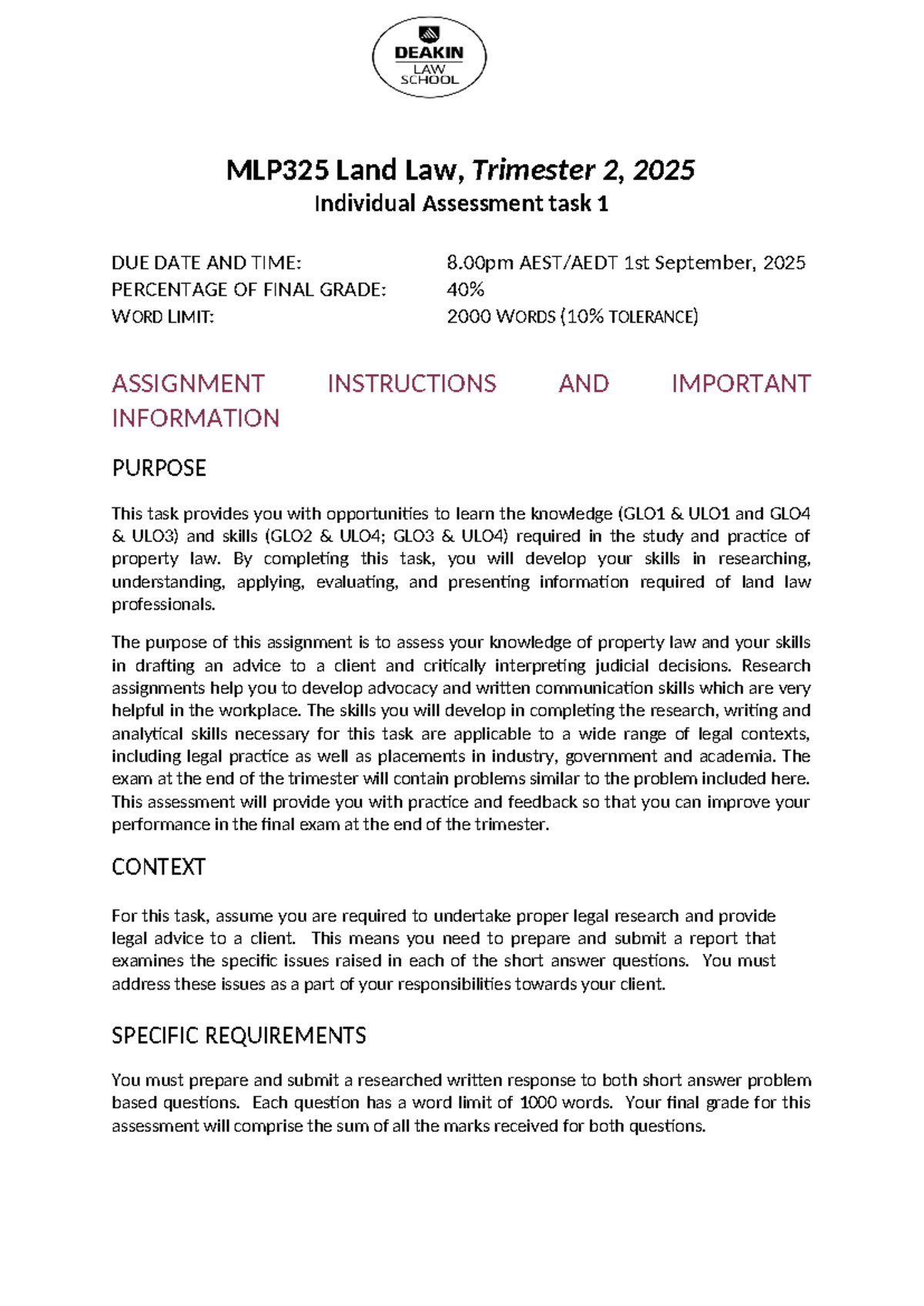 2025 MLP325 T2 Land Law Individual Assessment Task 1 Guide - Studocu