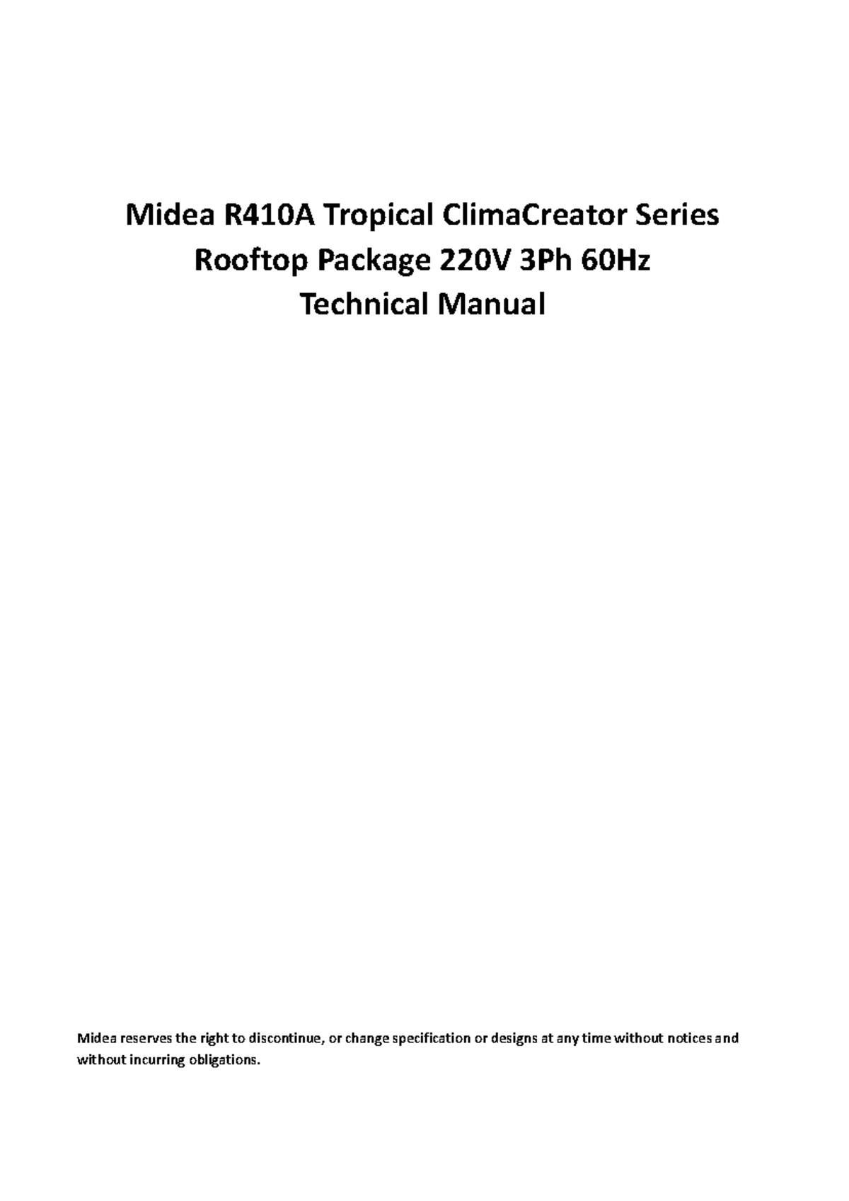Midea R410A 25TR Rooftop Package Technical Manual (220V 3Ph 60Hz) - Studocu