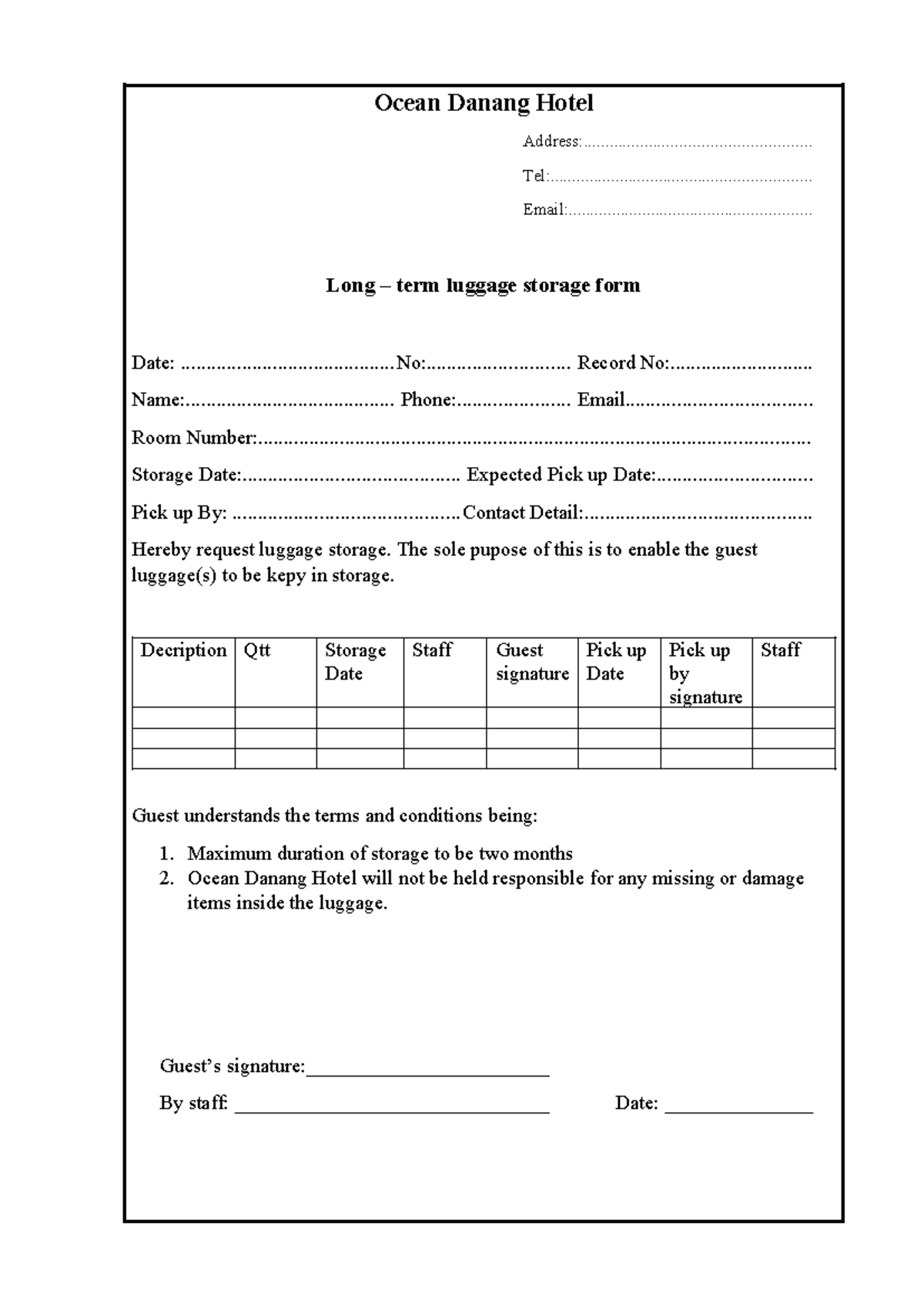 Luggage Storage Form for Ocean Danang Hotel: Long-Term Storage Request ...
