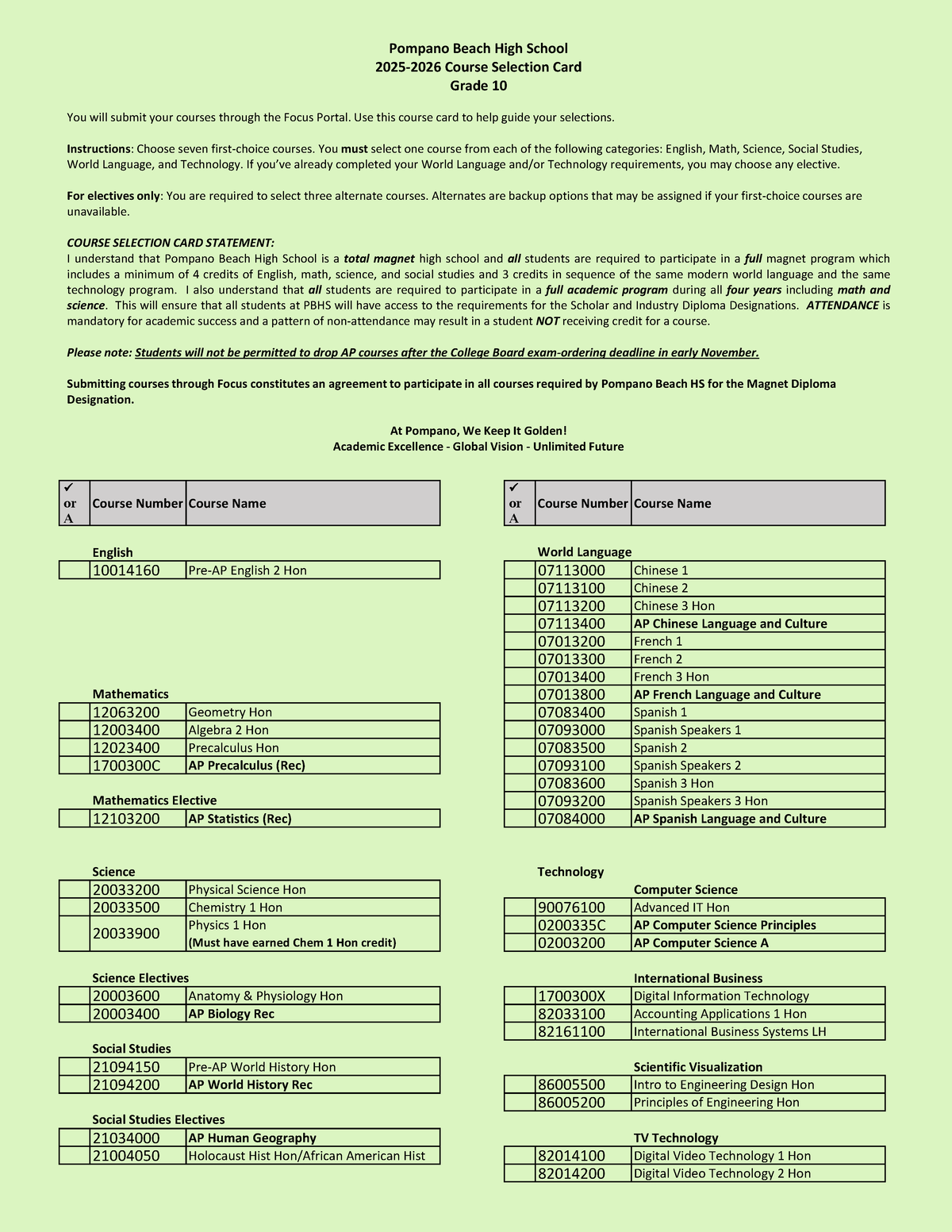 Pompano Beach HS 10th Grade Course Selection Card 2025-26 - Studocu