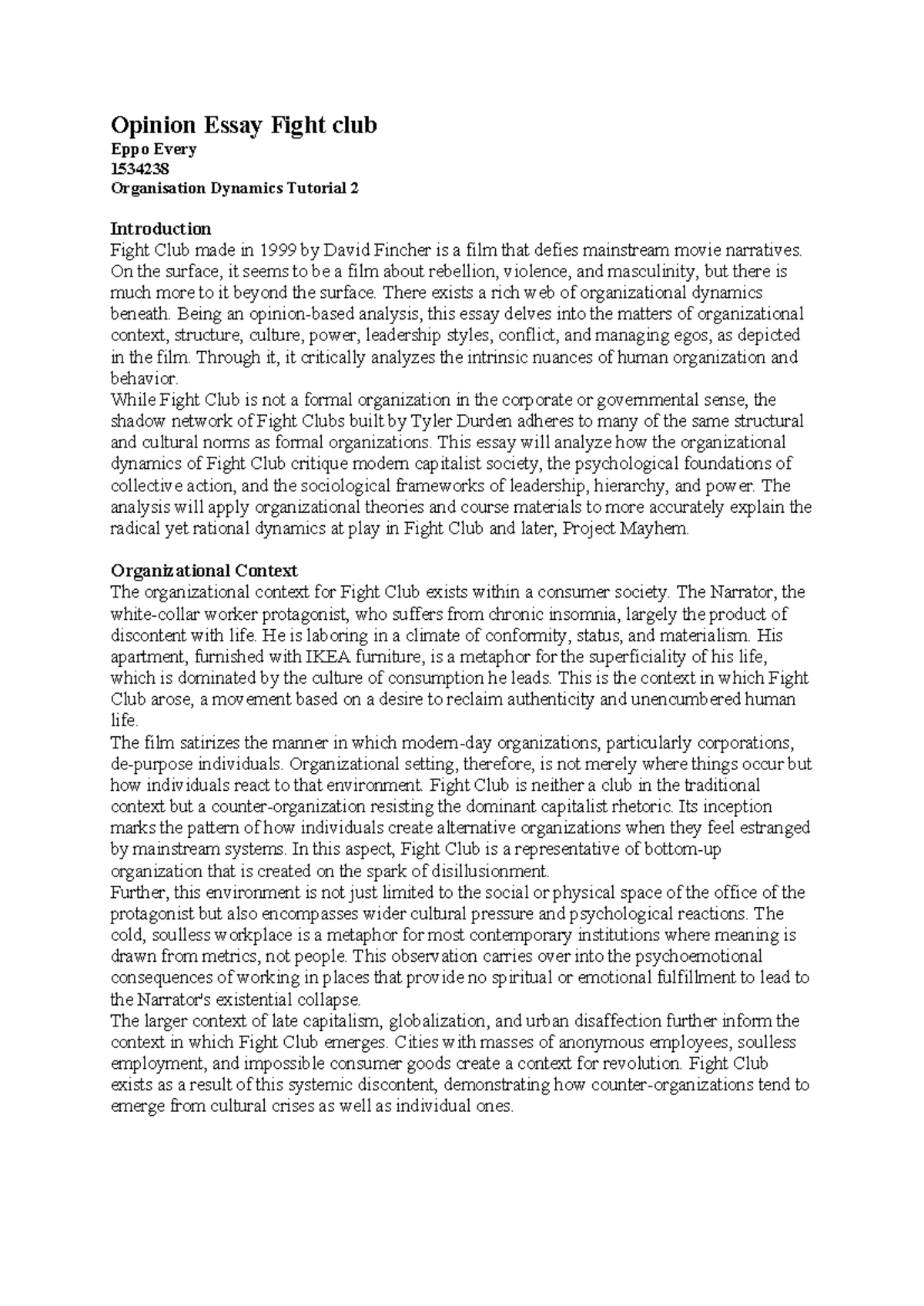 Opinion Essay Organizational Dynamics in Fight Club (Eppo 1534238