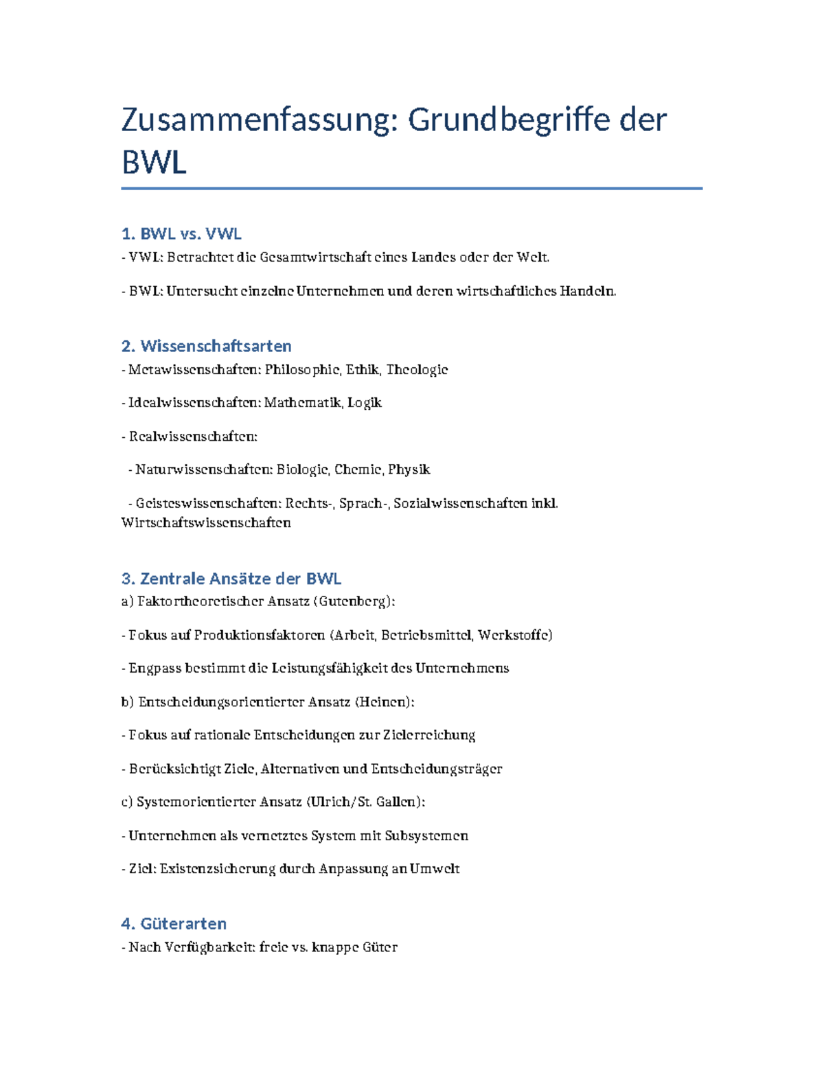 Zusammenfassung: Grundbegriffe der BWL (BWL 1) - Studocu