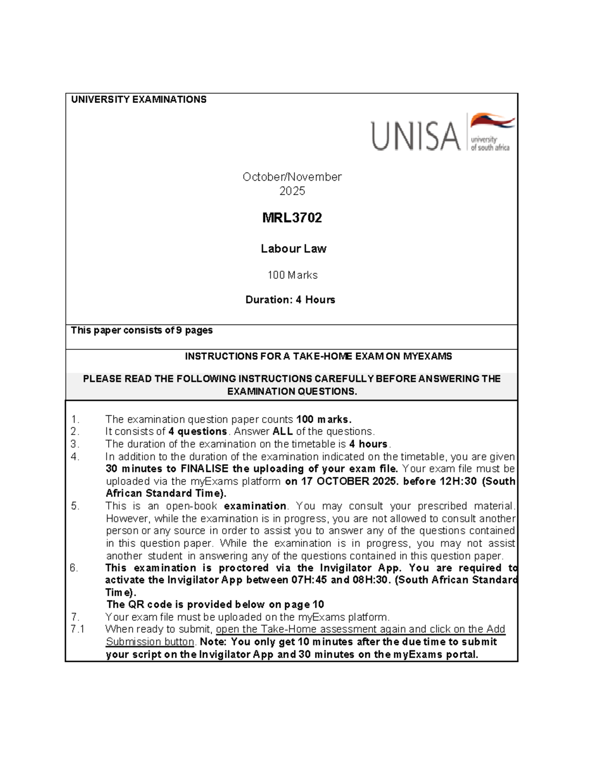 MRL3702 2025 Labour Law Examination Instructions and Guidelines - Studocu