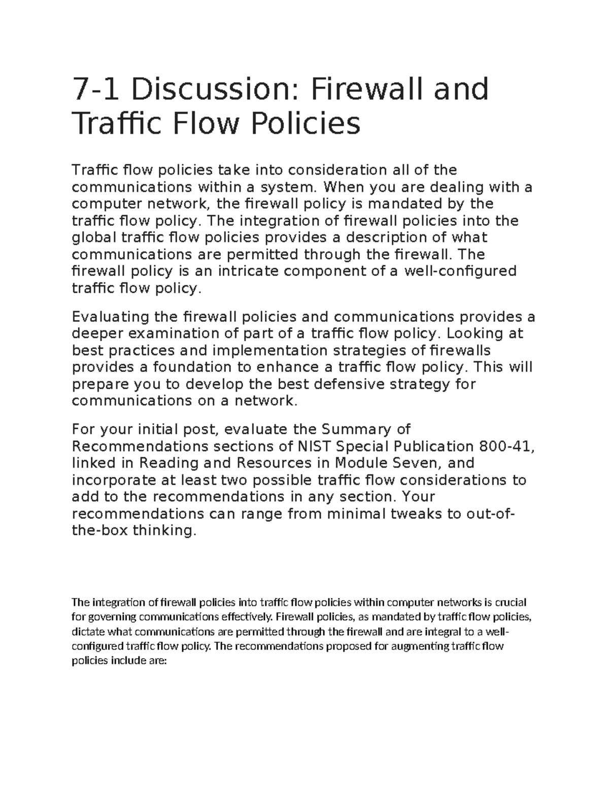 7-1 Discussion: Enhancing Firewall and Traffic Flow Policies - Studocu