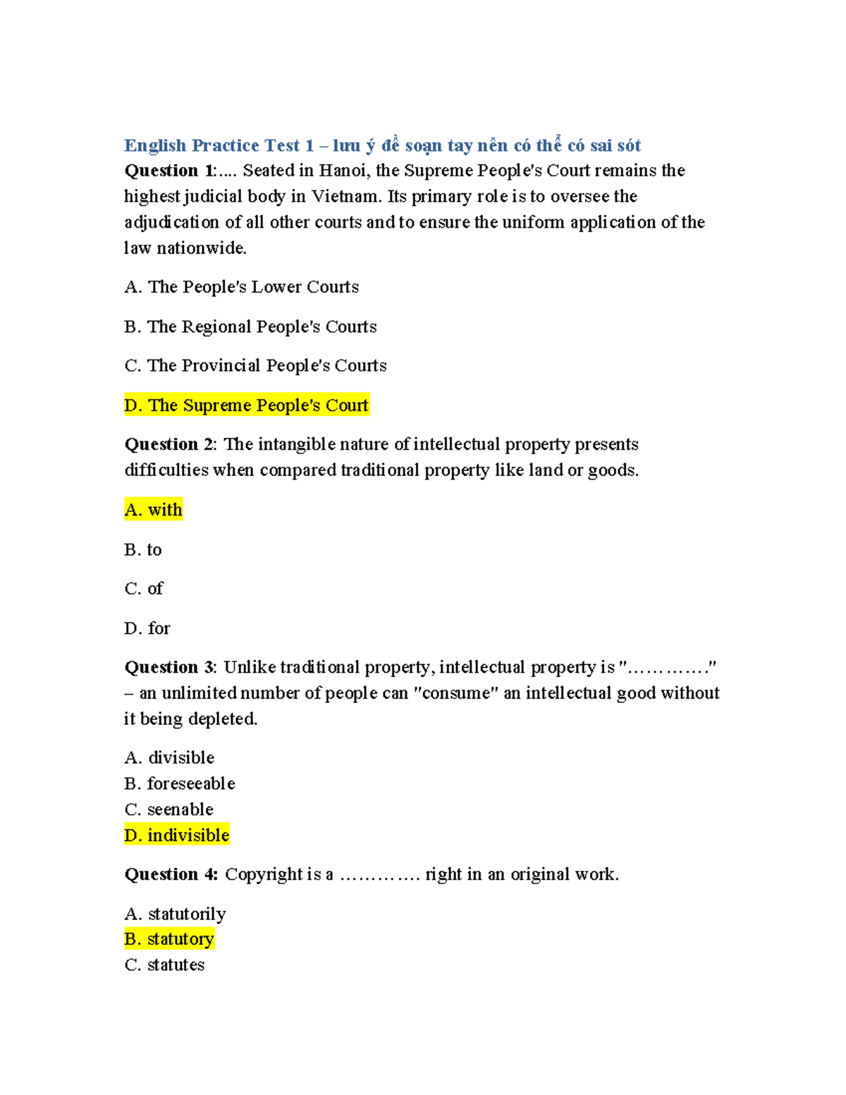 English Practice Test 1: Key Questions and Answers - Studocu