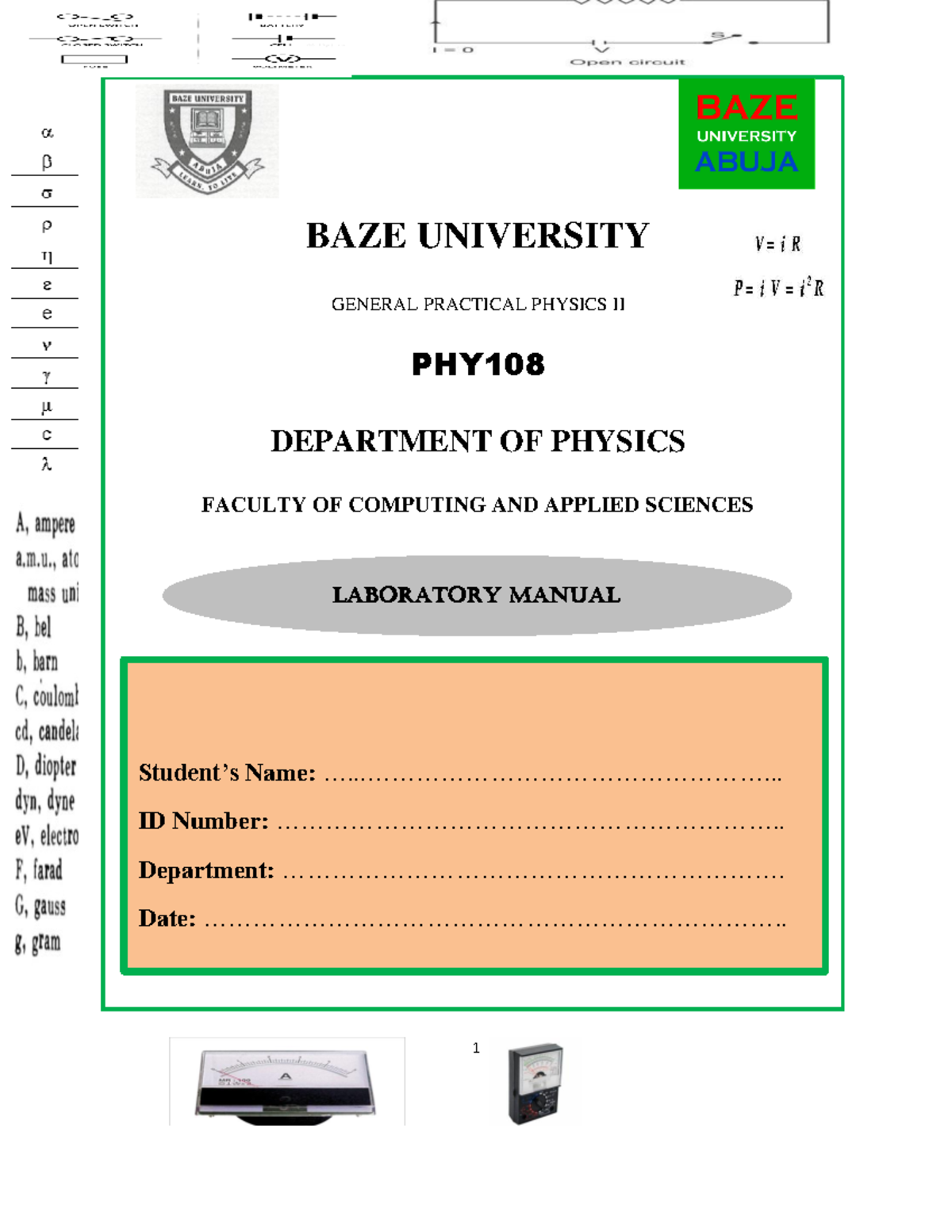 PHY108 General Practical Physics II Laboratory Manual - Studocu