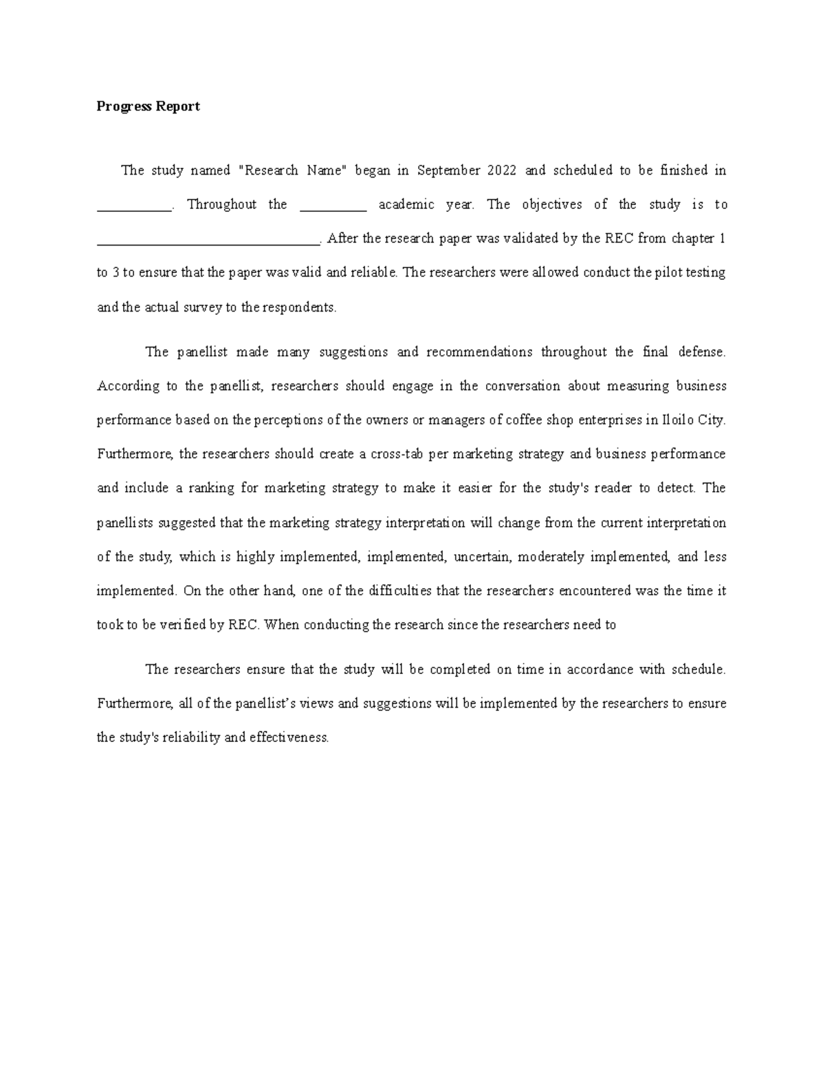 Progress Report: Research Name Study Overview and Findings - Studocu