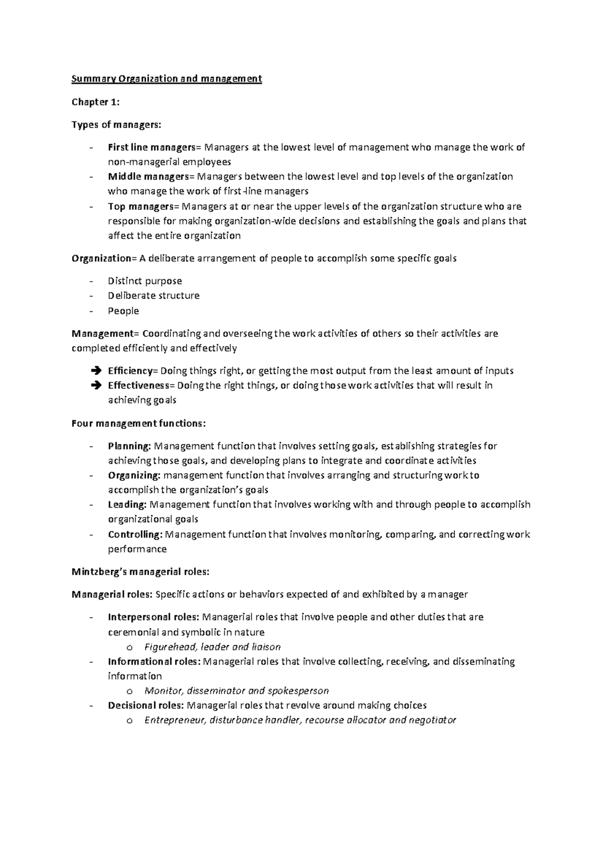 Summary of Principles of Management (MNGT-101): Chapters 1-7 Insights ...