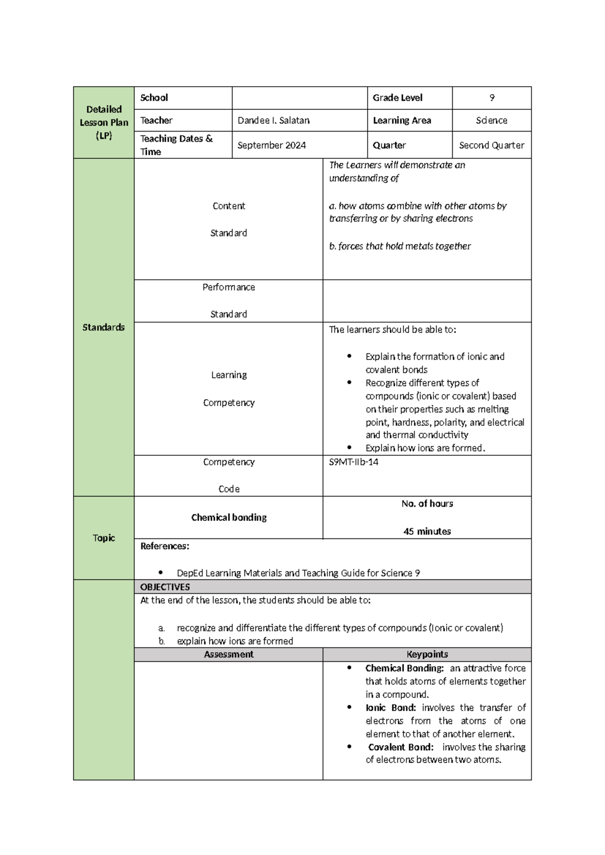 Detailed Lesson Plan on Chemical Bonding for Grade 9 Science - Studocu