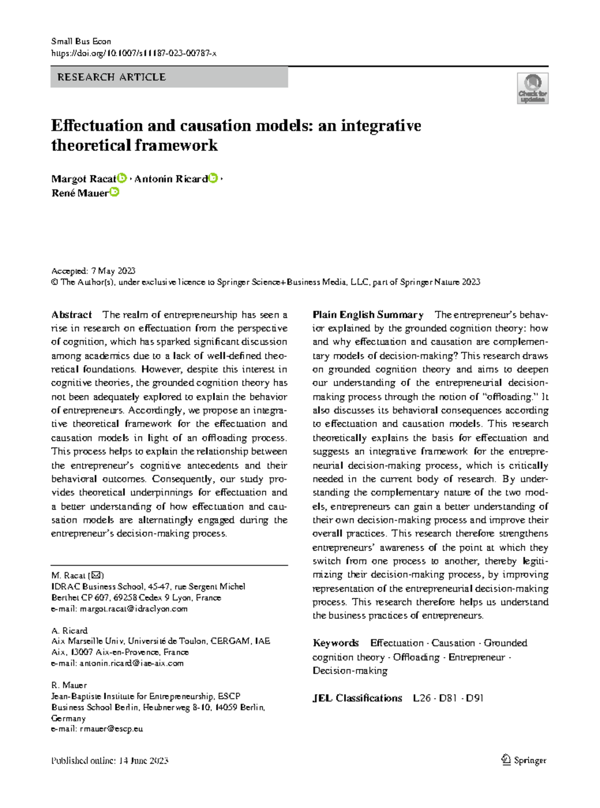 S11187-023-00787x - Integrating Effectuation and Causation Models in ...