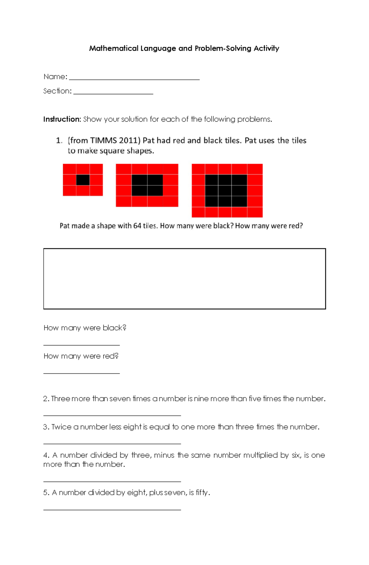 Mathematical Language and Problem Solving Activity - Mathematical ...