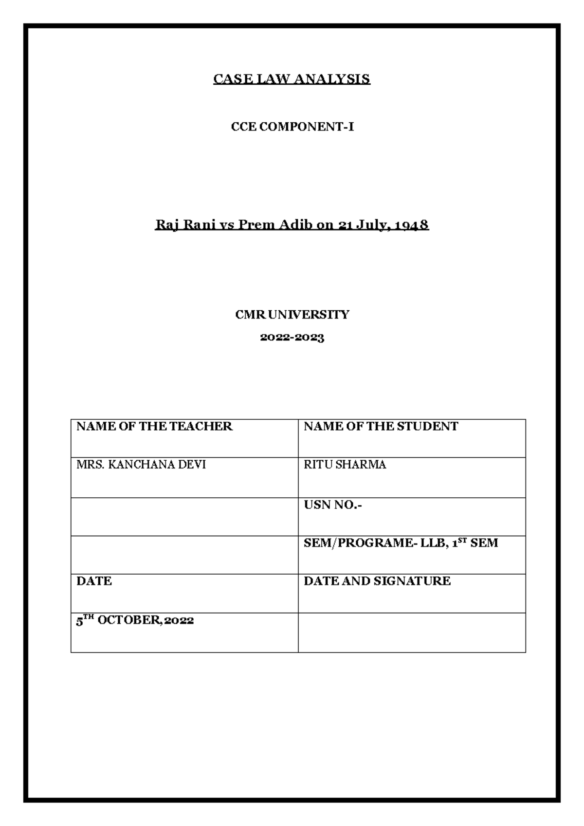 CASE LAW ANALYSIS: Raj Rani vs Prem Adib (1948) - CCE LLB 1st Sem - Studocu